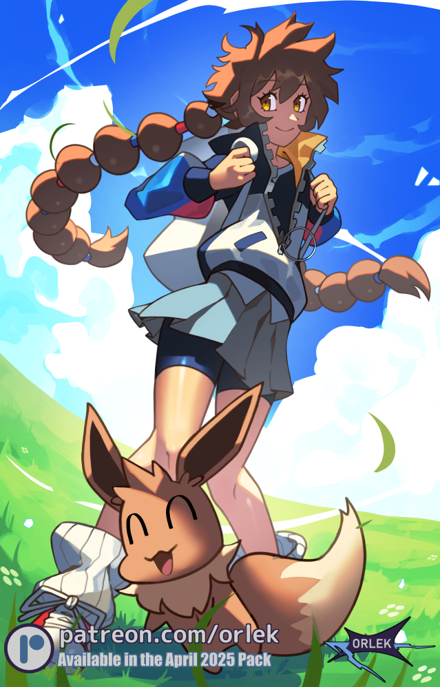 orlek, eevee, gotcha! girl (pokemon), gotcha!, nintendo, pokemon, commentary, 1girl, artist name, backpack, bag, bike shorts under skirt, brown eyes, brown hair, closed mouth, cloud, day, eyelashes, falling leaves, gen 1 pokemon, grass, grey skirt, hair between eyes, happy, holding strap, jacket, leaf, long hair, loose socks, multi-tied hair, outdoors, patreon logo, pleated skirt, pokemon (creature), ribbed socks, shoes, skirt, sky, smile, socks, standing, twintails, watermark, web address, white bag, zipper
