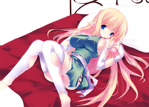 tiffania westwood, zero no tsukaima, artist request, non-web source, 00s, bed, blonde hair, blue eyes, breasts, bridal gauntlets, elf, large breasts, long hair, pointy ears, sideboob, socks, solo, thighhighs