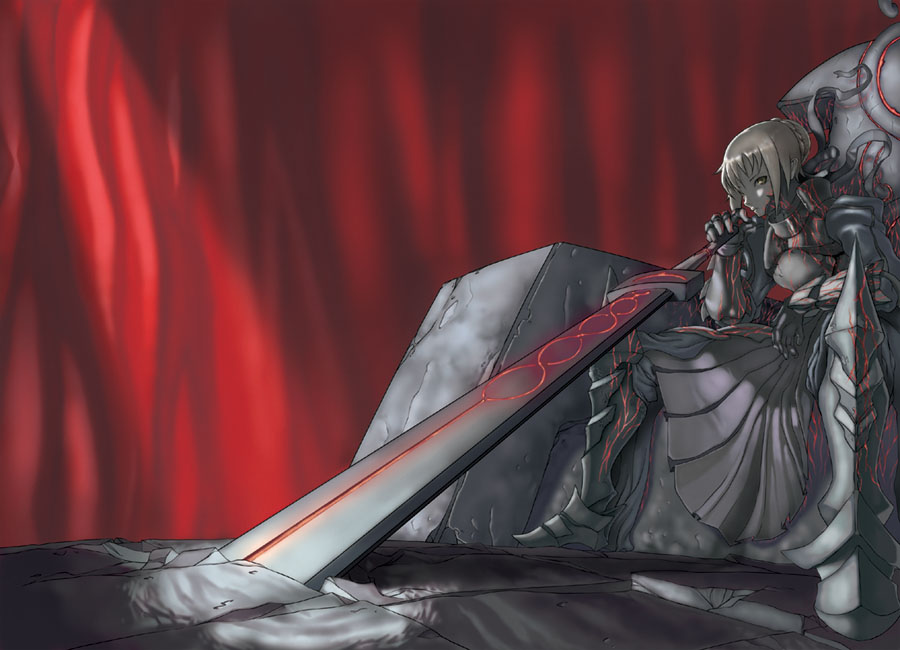 shiri (yam), artoria pendragon (fate), saber (fate), saber alter, saber alter (second ascension), fate/stay night, fate (series), non-web source, 00s, 1girl, armor, armored dress, blonde hair, dress, excalibur morgan (fate), female focus, short hair, sitting, solo, sword, throne, weapon