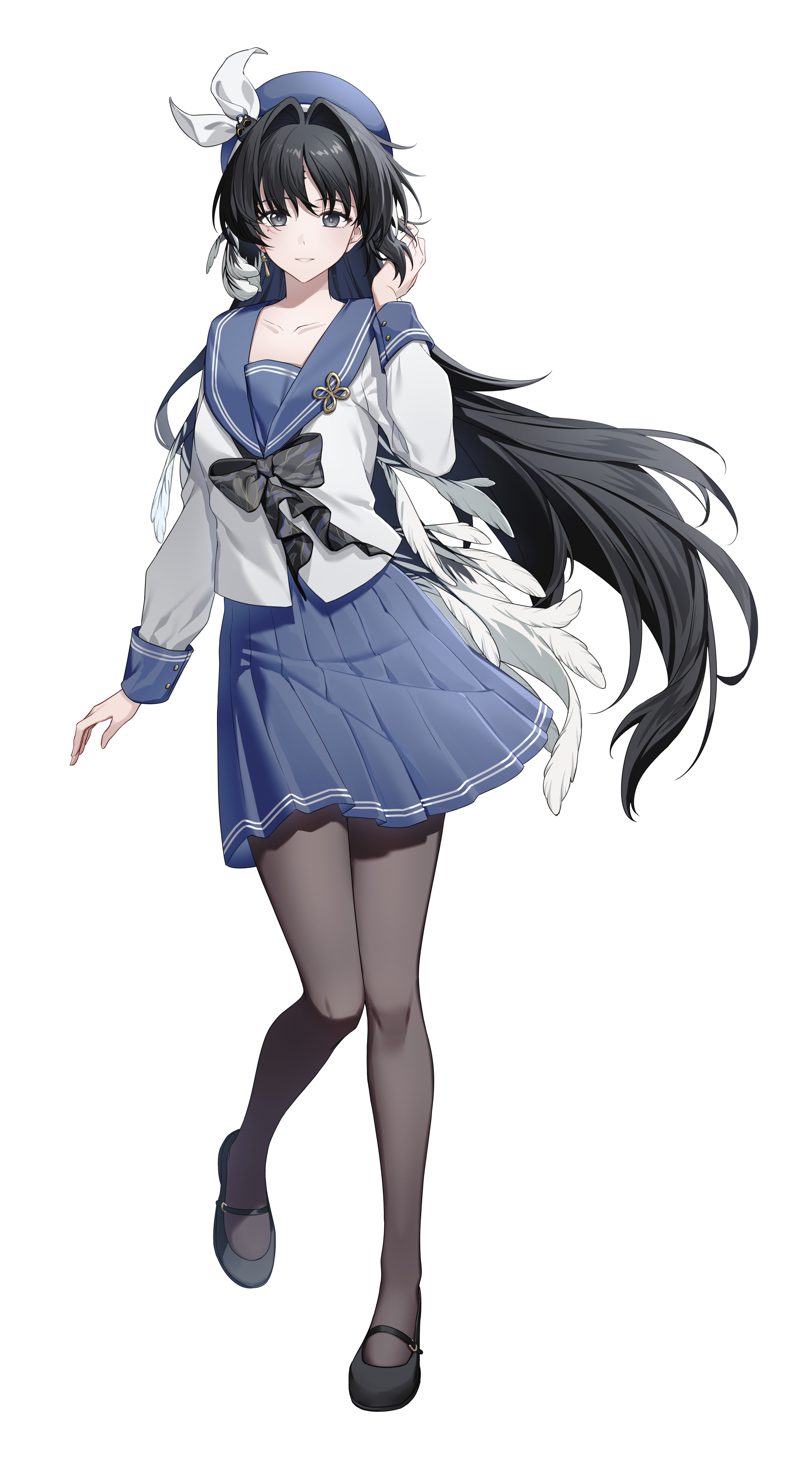 kohane kun, yangyang (wuthering waves), wuthering waves, absurdres, commentary request, highres, 1girl, alternate costume, black bow, black bowtie, black eyes, black hair, black pantyhose, black shoes, blue hat, blue sailor collar, blue skirt, bow, bowtie, breasts, collarbone, feather hair, full body, hair intakes, hair ornament, hand up, hat, long hair, long sleeves, looking at viewer, mole, mole under eye, pantyhose, parted lips, sailor collar, school uniform, serafuku, shirt, shoes, simple background, skirt, small breasts, smile, solo, tacet mark (wuthering waves), white background, white shirt