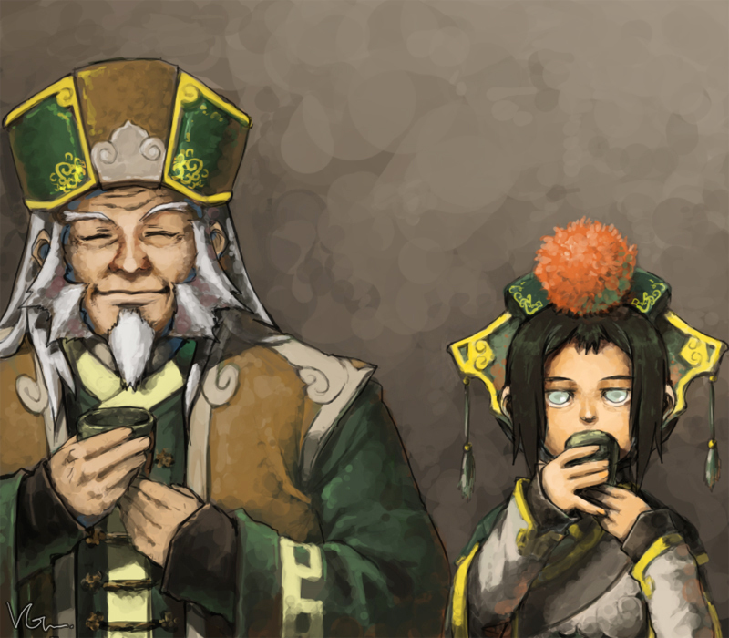 iroh, toph beifong, avatar: the last airbender, nickelodeon, avatar, silver hair, black hair, blind, china dress, chinese clothes, drink, hat, long hair, short hair, tea