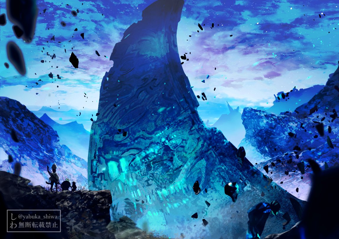 yabuka shiwa, final fantasy, final fantasy xiv, 1other, 2boys, cloud, cloudy sky, floating, mountainous horizon, multiple boys, night, night sky, outdoors, scenery, sky, star (sky), starry sky, structure, valley