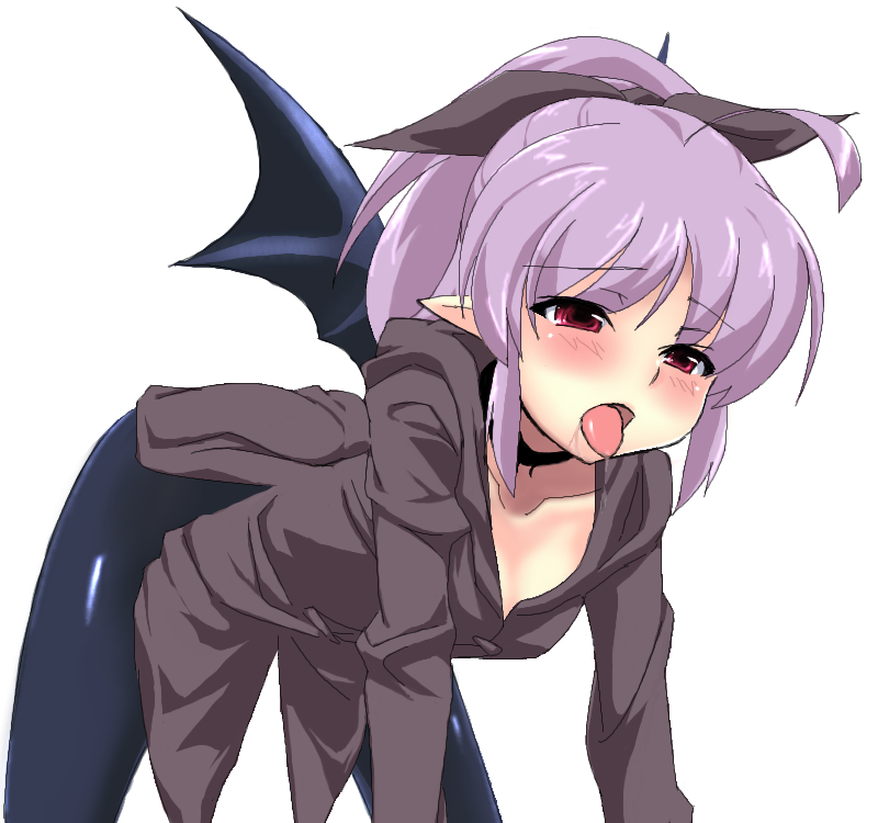 grune, haruyuki, 1girl, all fours, bat wings, blush, choker, female focus, open mouth, pantyhose, purple hair, red eyes, ribbon, saliva, simple background, solo, tongue, tongue out, wings