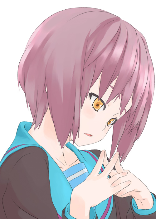 reki (tiny fin), nagato yuki, suzumiya haruhi no yuuutsu, 00s, 1girl, alternate hair color, close-up, female focus, looking down, open mouth, own hands clasped, own hands together, pink hair, purple hair, school uniform, serafuku, short hair, simple background, solo, steepled fingers, yellow eyes