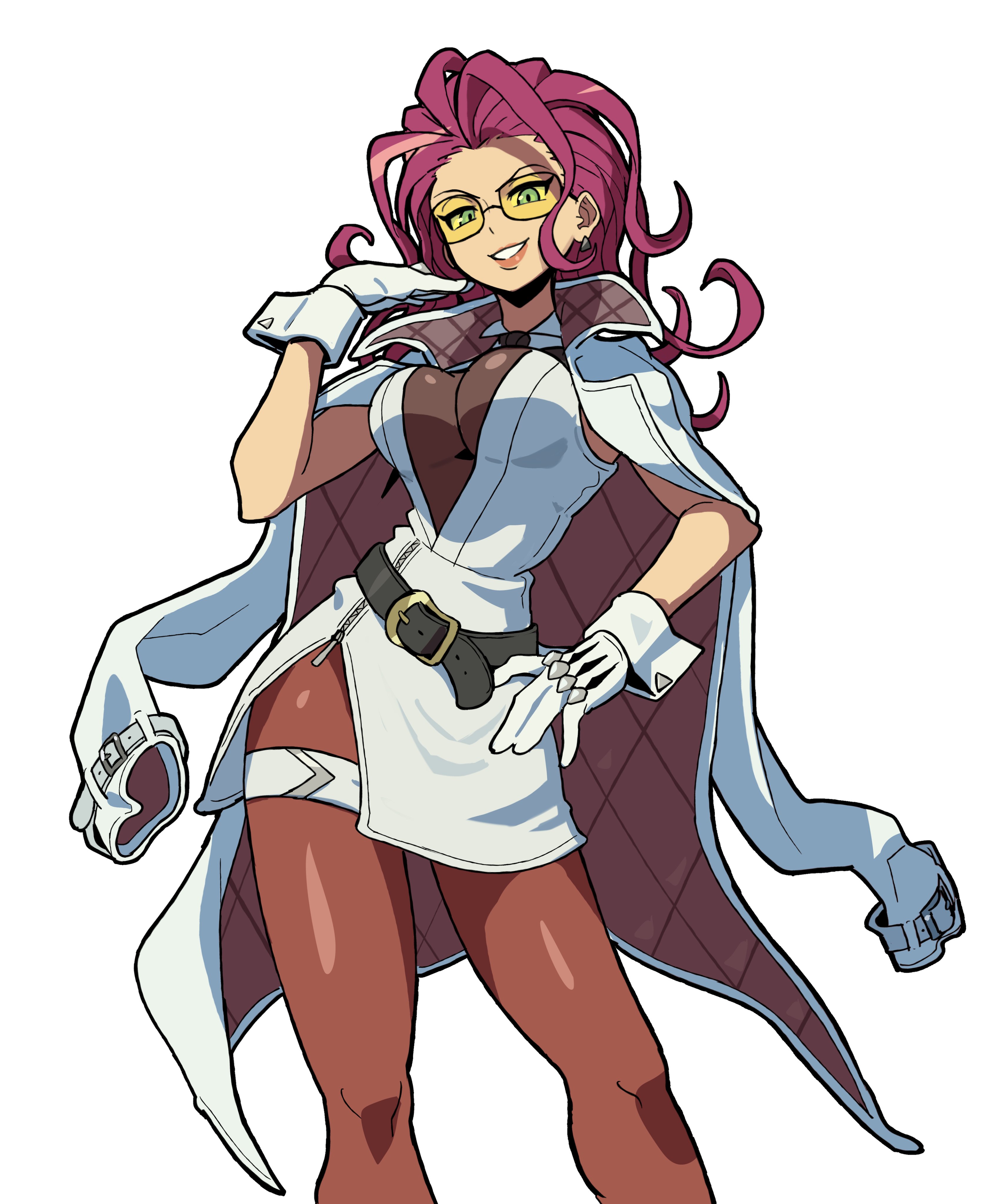sach56000, crimson viper, street fighter, street fighter 6, absurdres, highres, 1girl, belt, breasts, cleavage, coat, coat on shoulders, contrapposto, earrings, gloves, hand on own hip, hand up, jewelry, lips, long hair, looking at viewer, mature female, pantyhose, red hair, see-through clothes, side slit, smile, solo, sunglasses, tinted eyewear, white background, white coat, white gloves, white wrist cuffs, wrist cuffs, yellow-tinted eyewear