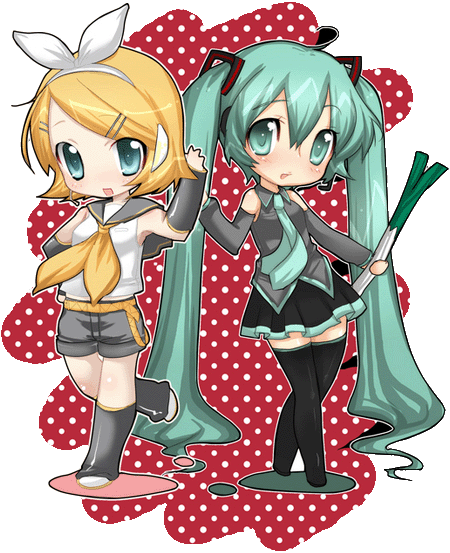 umehara emika, hatsune miku, kagamine rin, vocaloid, 2girls, aqua eyes, aqua hair, bare shoulders, blonde hair, boots, chibi, detached sleeves, hair ornament, hair ribbon, hairclip, long hair, multiple girls, necktie, ribbon, short hair, shorts, spring onion, thigh boots, thighhighs, transparent background, twintails, very long hair
