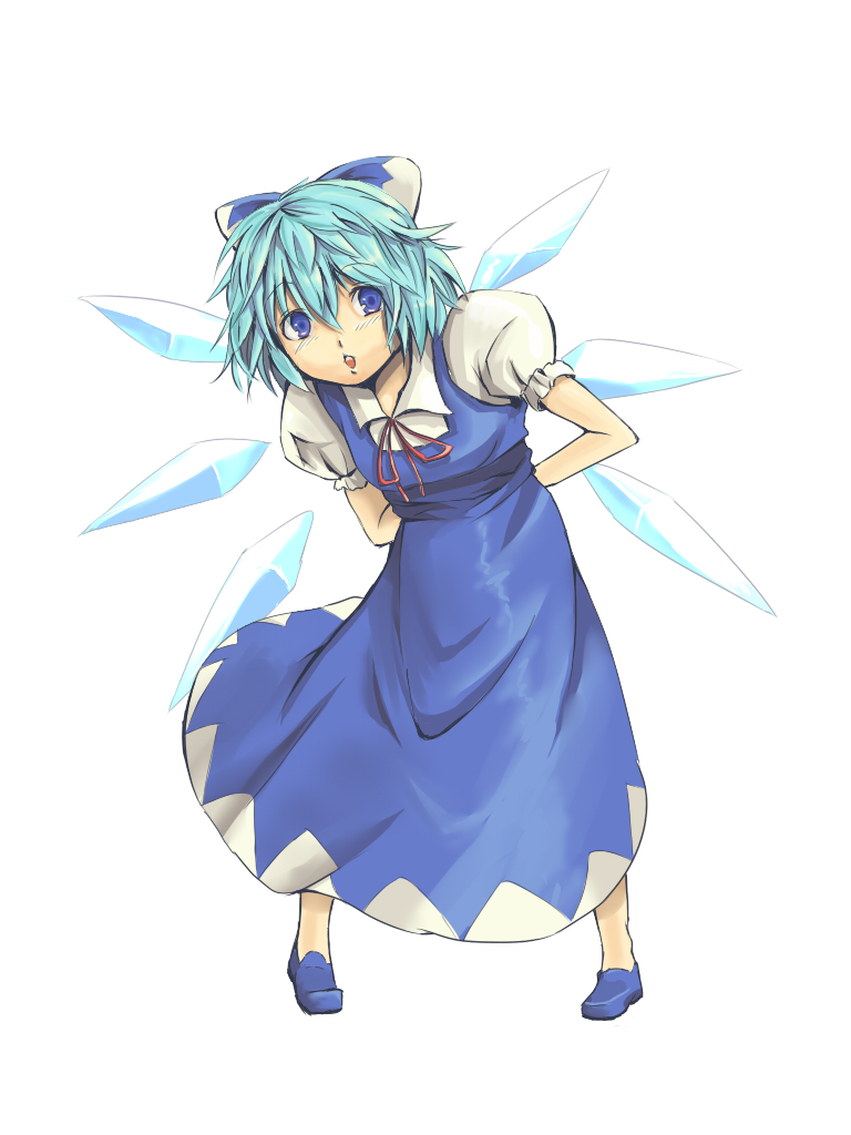 aryus, cirno, embodiment of scarlet devil, touhou, bad id, bad pixiv id, 1girl, :o, arms behind back, blue bow, blue dress, blue eyes, blue hair, blush, bow, contrapposto, dress, female focus, hair bow, ice, ice wings, loafers, looking at viewer, matching hair/eyes, puffy short sleeves, puffy sleeves, shoes, short sleeves, solo, standing, wings