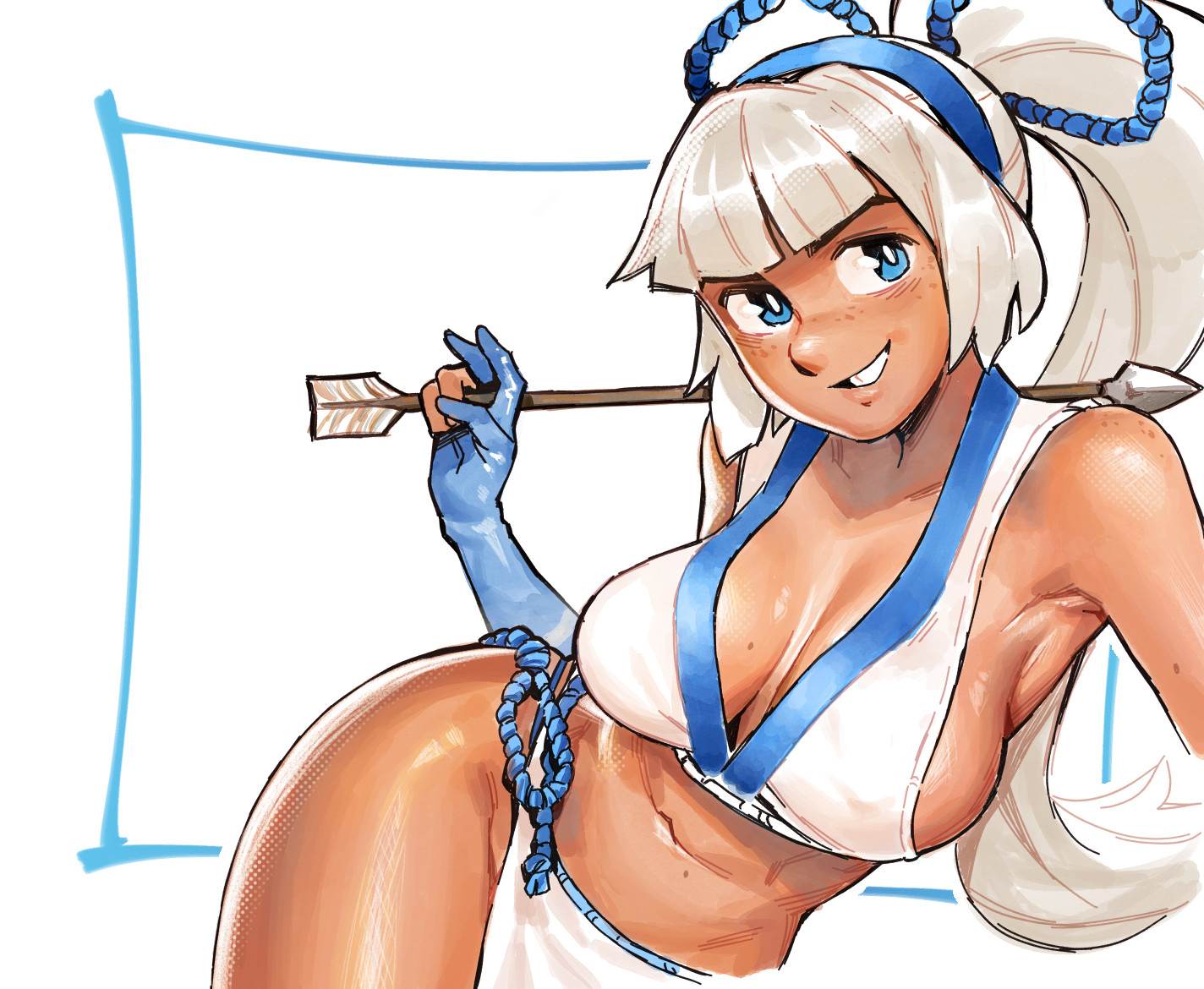 effy neprin, majikina mina, samurai spirits, commentary, 1girl, armpits, arrow (projectile), bare shoulders, blue eyes, blue gloves, blue hairband, blue ribbon, body freckles, breasts, cleavage, crop top, dark-skinned female, dark skin, freckles, gloves, grin, hair ribbon, hairband, holding, holding arrow, japanese clothes, large breasts, long hair, looking at viewer, mole, mole on breast, navel, partially fingerless gloves, partly fingerless gloves, ponytail, ribbon, sidelocks, smile, solo, white hair, yugake