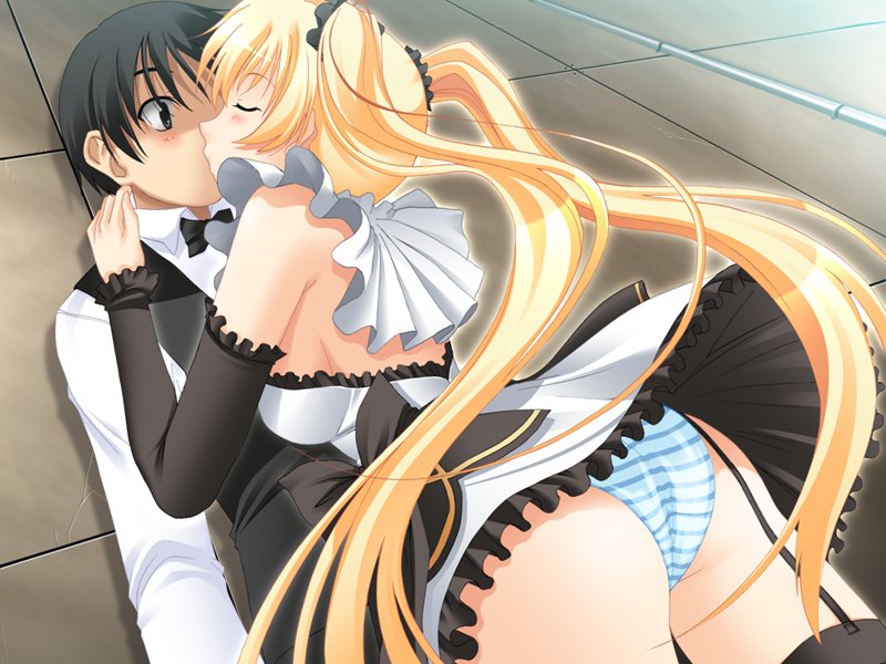 itou hiyoko, okaerinasaimase goshujin-sama, 1boy, 1girl, closed eyes, garter straps, girl on top, hetero, kiss, long hair, maid, panties, skirt, twintails, underwear, very long hair