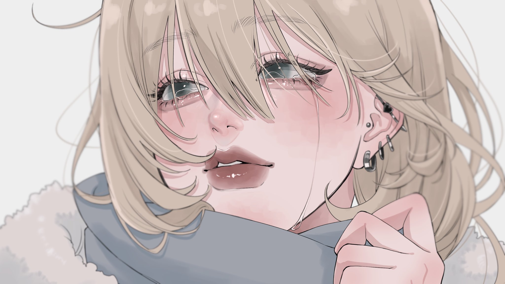 tamori (tamori www), original, highres, 1girl, aegyo sal, barbell piercing, blonde hair, blue eyes, blue scarf, blurry, close-up, crying, crying with eyes open, curled fingers, depth of field, double-parted bangs, ear piercing, enpera, eyelashes, floating hair, fur-trimmed jacket, fur trim, grey background, industrial piercing, jacket, looking to the side, parted lips, piercing, scarf, teardrop, tears, thick lips, wind