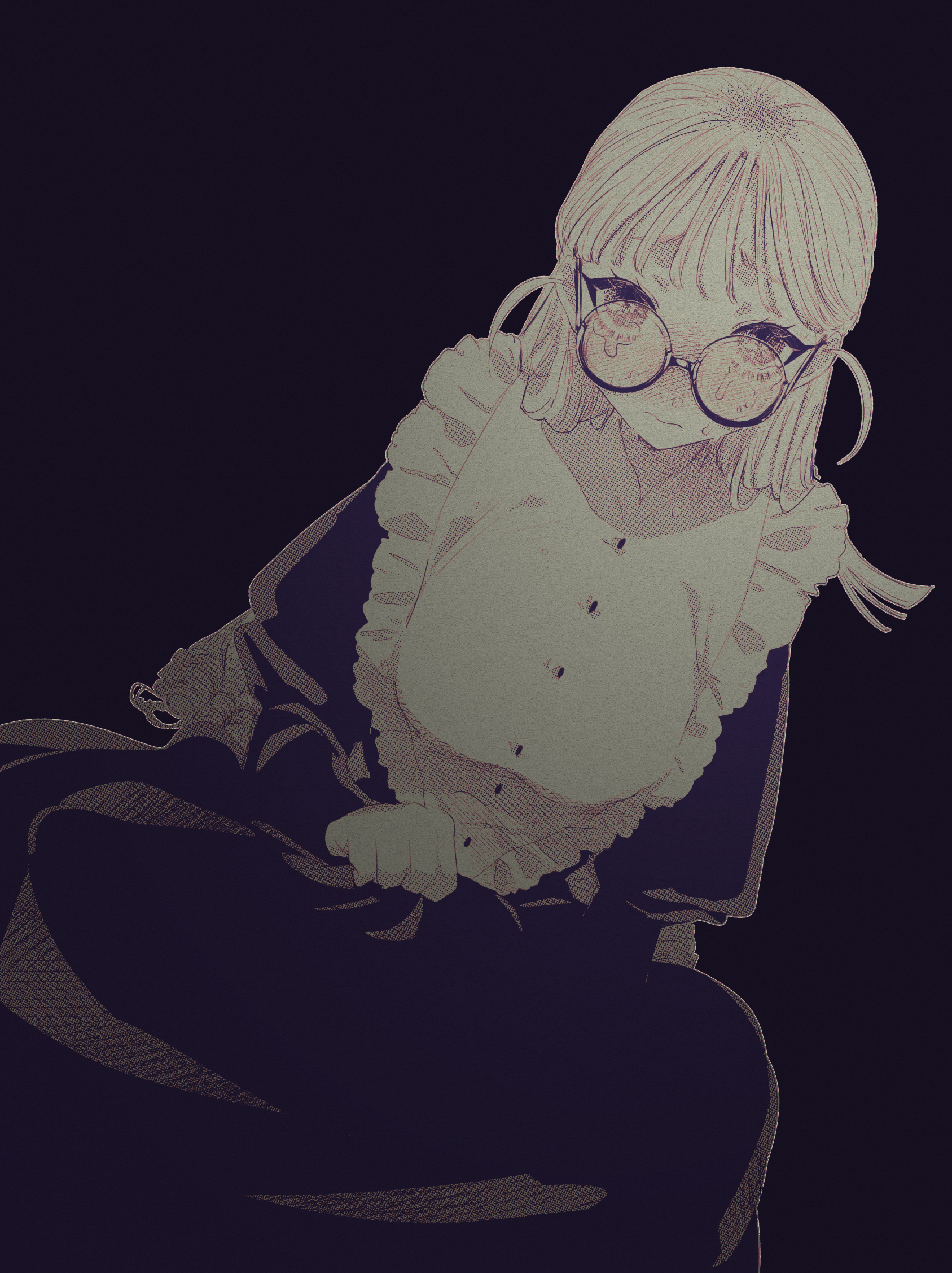 eurasia (wtp09ptw14), original, commentary request, highres, 1girl, black background, breasts, buttons, choppy bangs, closed mouth, cowboy shot, crying, crying with eyes open, dress, dutch angle, frills, glasses, long hair, long sleeves, looking at viewer, monochrome, round eyewear, simple background, solo, tears