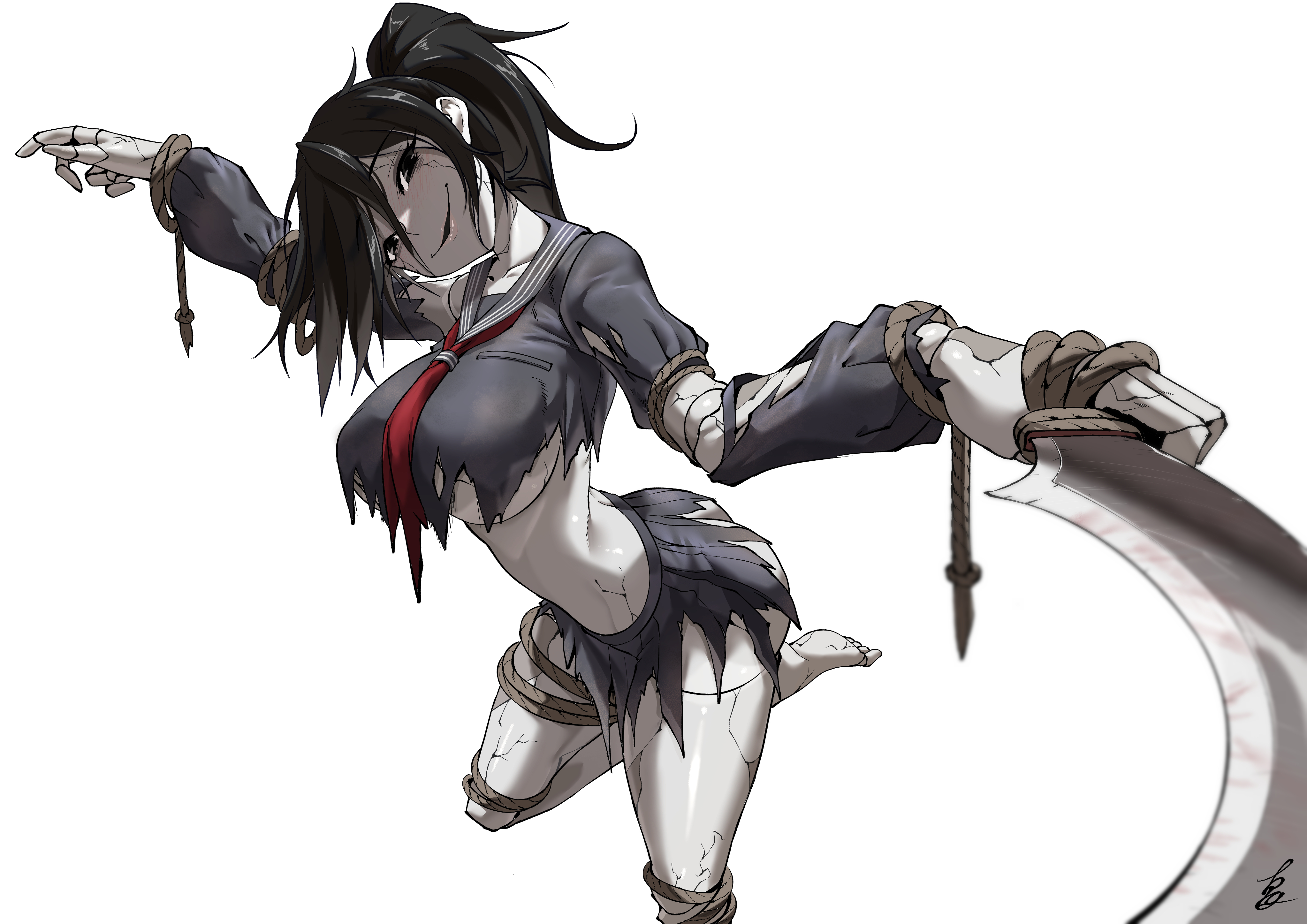 torahime (roland00), silent hill (series), silent hill f, absurdres, character request, highres, 1girl, black eyes, black hair, black serafuku, black shirt, black skirt, breasts, hair between eyes, holding, holding sword, holding weapon, large breasts, looking at viewer, midriff, navel, neckerchief, red neckerchief, school uniform, serafuku, shirt, skirt, smile, solo, sword, torn clothes, torn shirt, torn skirt, underboob, weapon