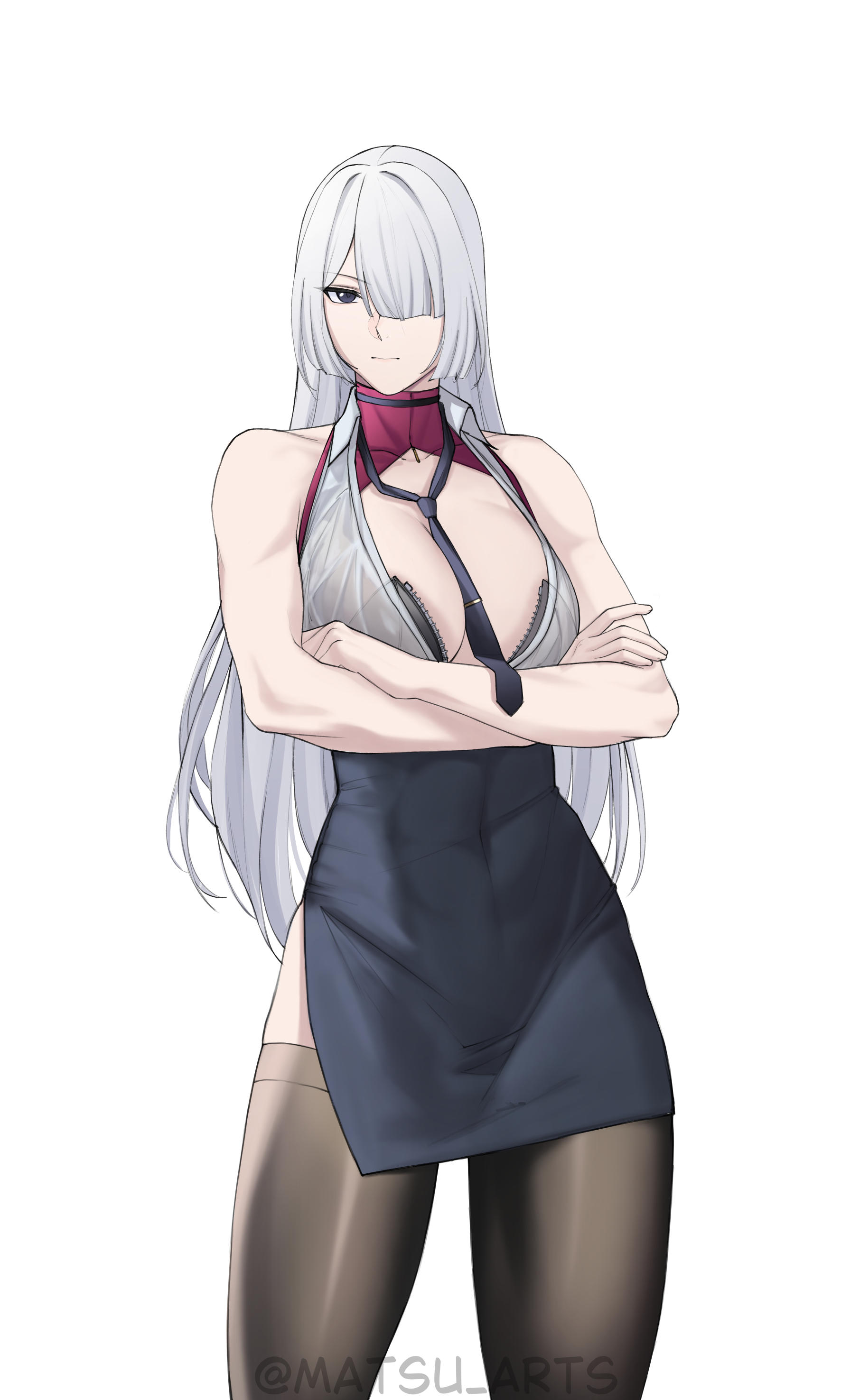 matsu arts, ak-15 (girls' frontline), girls' frontline, absurdres, highres, 1girl, alternate costume, arms under breasts, black eyes, black necktie, black thighhighs, breasts, closed mouth, collar, collarbone, cowboy shot, crossed arms, grey hair, hair over one eye, large breasts, long hair, looking at viewer, necktie, pencil skirt, red collar, shirt, simple background, skirt, solo, thighhighs, thighs, twitter username, white background, white shirt