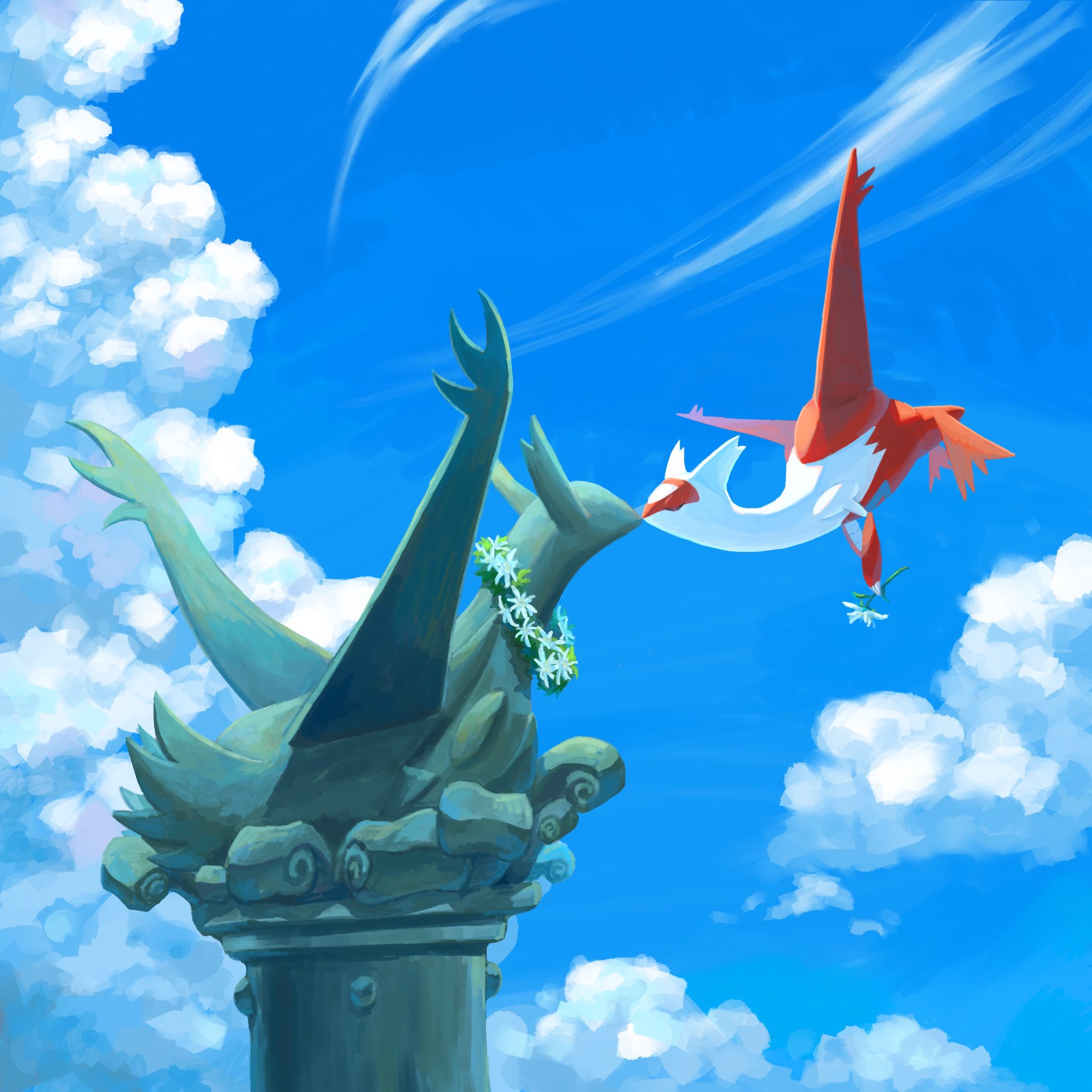 keruasu0629, latias, latios, nintendo, pokemon, highres, blue sky, claws, closed eyes, cloud, day, flower, full body, gen 3 pokemon, holding, holding flower, legendary pokemon, no humans, outdoors, pokemon (creature), pokemon focus, sky, statue, wings