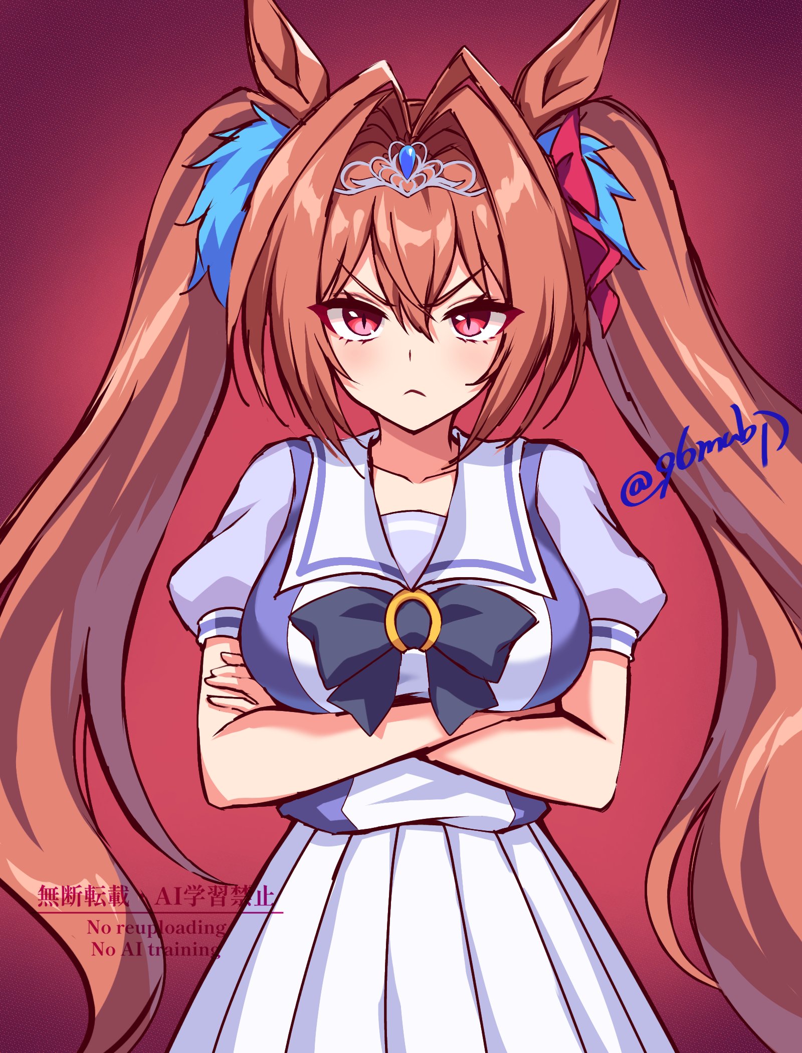 96mubi, daiwa scarlet (umamusume), umamusume, highres, 1girl, animal ears, arms under breasts, blush, bow, breasts, brown hair, closed mouth, crossed arms, ear ornament, hair between eyes, hair intakes, horse ears, horse girl, large breasts, long hair, looking at viewer, puffy short sleeves, puffy sleeves, purple bow, purple shirt, red eyes, sailor collar, sailor shirt, school uniform, shirt, short sleeves, simple background, skirt, solo, tiara, tracen school uniform, twintails, very long hair, white sailor collar, white skirt