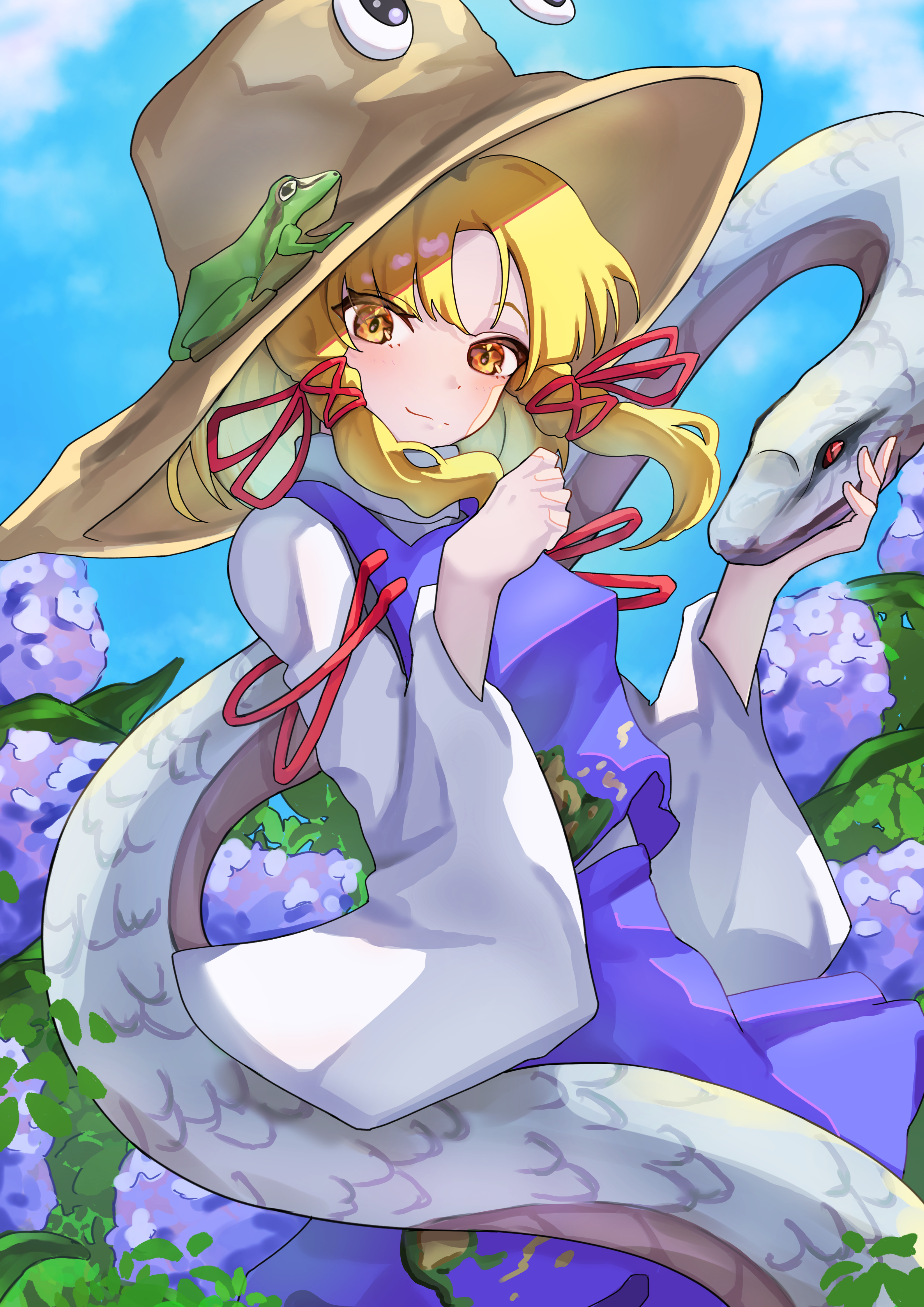 moriya suwako, touhou, absurdres, commentary, highres, 1girl, animal, blonde hair, dress, eye on hat, flower, frog, from side, hydrangea, looking at viewer, purple dress, sidelocks, snake, solo, suzukiairi0001, white snake, wide sleeves, yellow eyes
