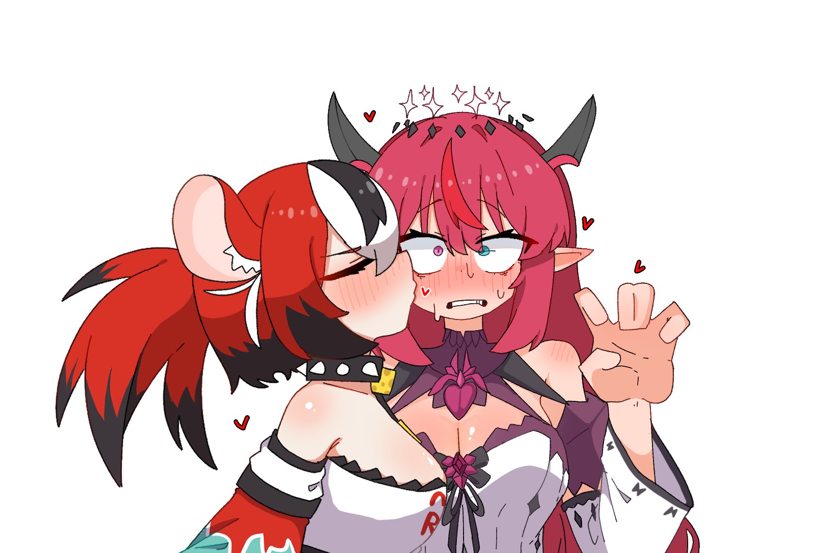 tsurukieeeeeak, hakos baelz, hakos baelz (1st costume), irys (hololive), irys (irys 2.0) (hololive), hololive, hololive english, highres, animal ears, black hair, blue eyes, collar, detached sleeves, dress, halo, heterochromia, horns, long hair, mouse ears, mouse girl, multicolored hair, multiple girls, pointy ears, purple hair, red hair, simple background, spiked collar, spikes, streaked hair, twintails, very long hair, virtual youtuber, white background, white dress, white hair