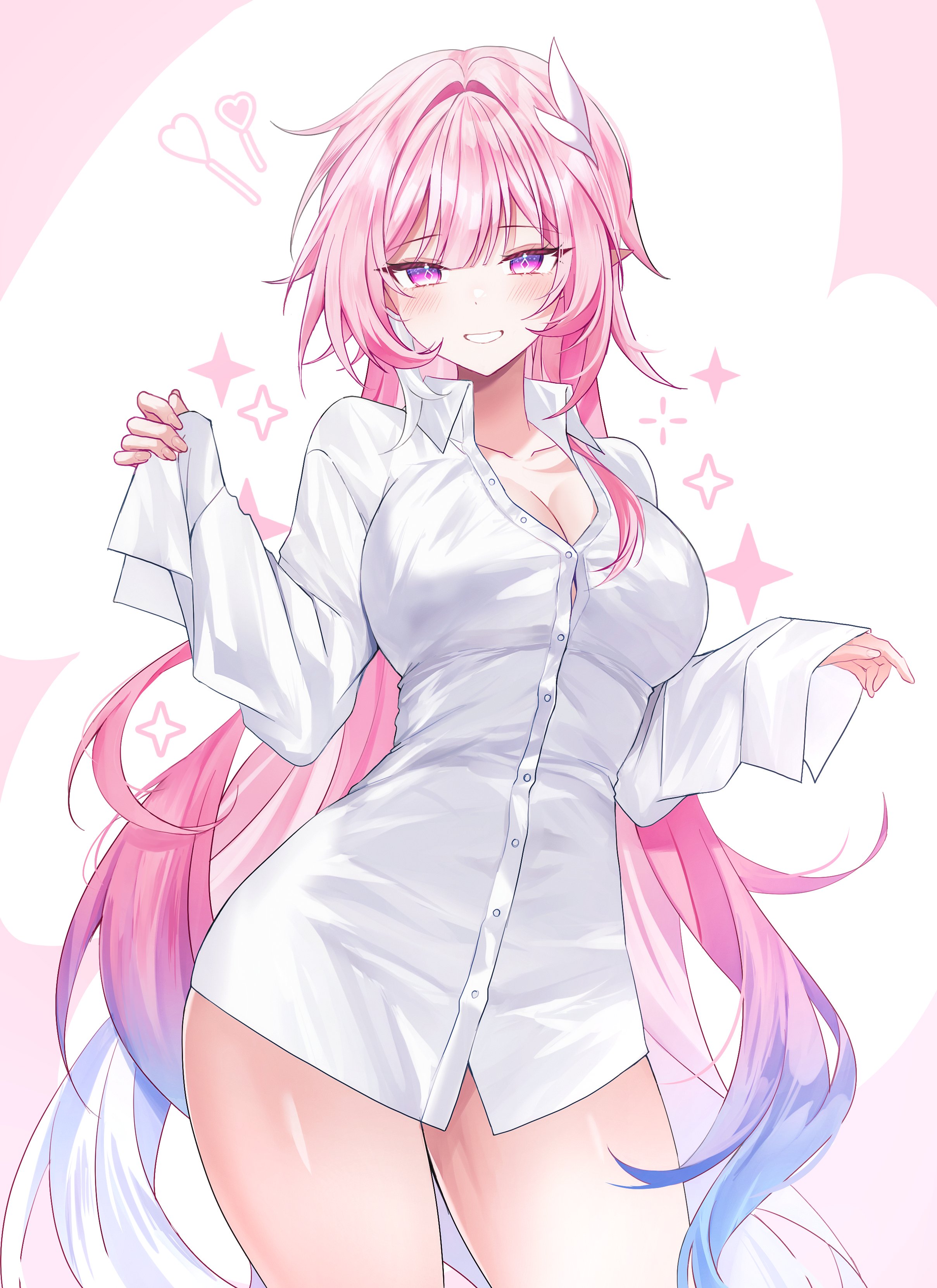 seno (senohime), cyrene (honkai: star rail), cyrene (ripples of past reverie) (honkai: star rail), honkai: star rail, honkai (series), absurdres, commentary request, highres, 1girl, alternate costume, blue hair, blush, breasts, cleavage, collarbone, collared shirt, cowboy shot, gradient hair, hands up, large breasts, long hair, long sleeves, looking at viewer, multicolored hair, parted lips, partially unbuttoned, pink hair, purple eyes, shirt, smile, solo, very long hair, white background, white shirt