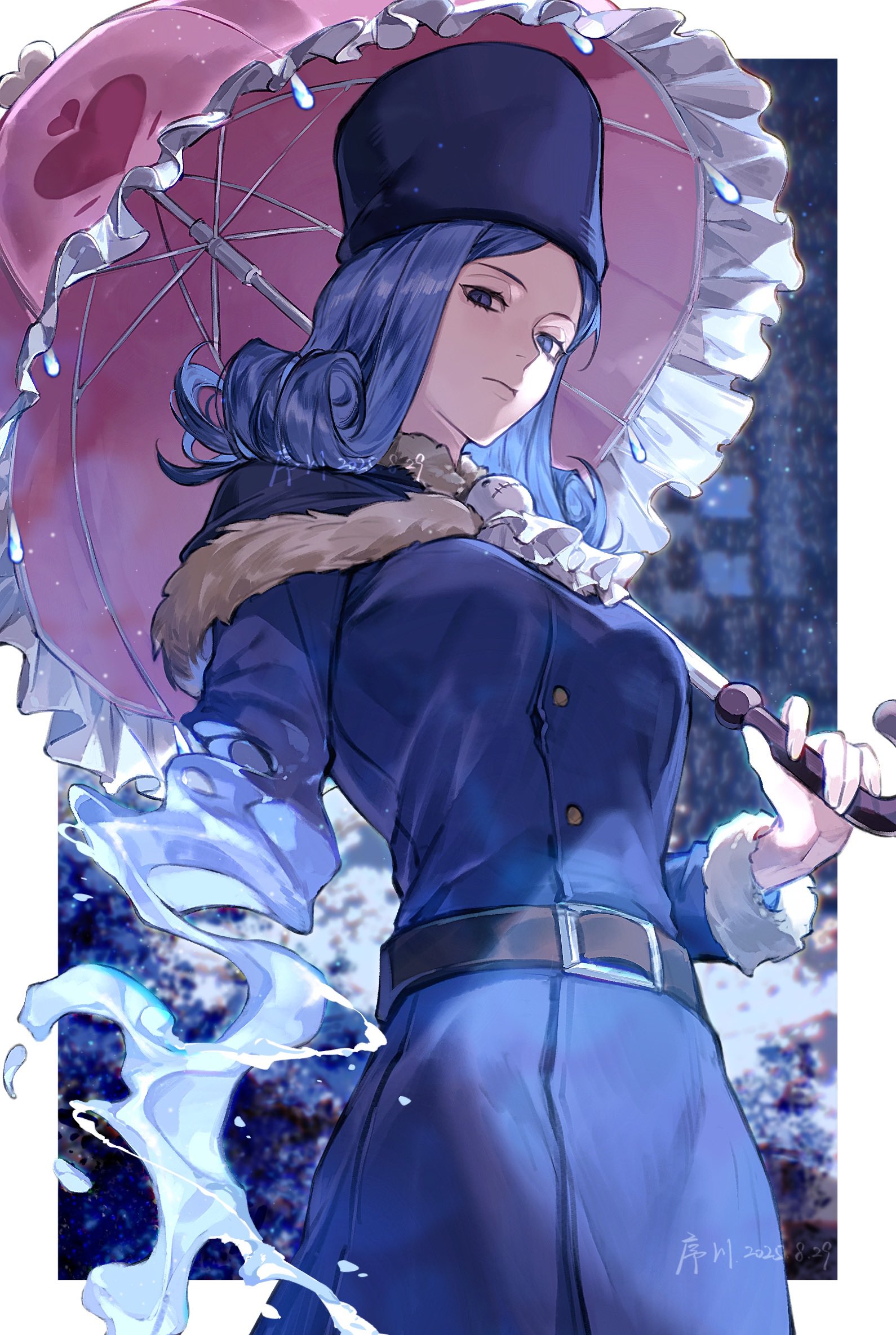 xuchuan, juvia lockser, fairy tail, commentary request, highres, 1girl, artist name, belt, blue eyes, blue hair, blue hat, border, closed mouth, cowboy shot, curled ends, dated, frilled umbrella, frills, hat, holding, holding umbrella, looking at viewer, medium hair, outside border, pink umbrella, solo, teruterubouzu, umbrella, white border