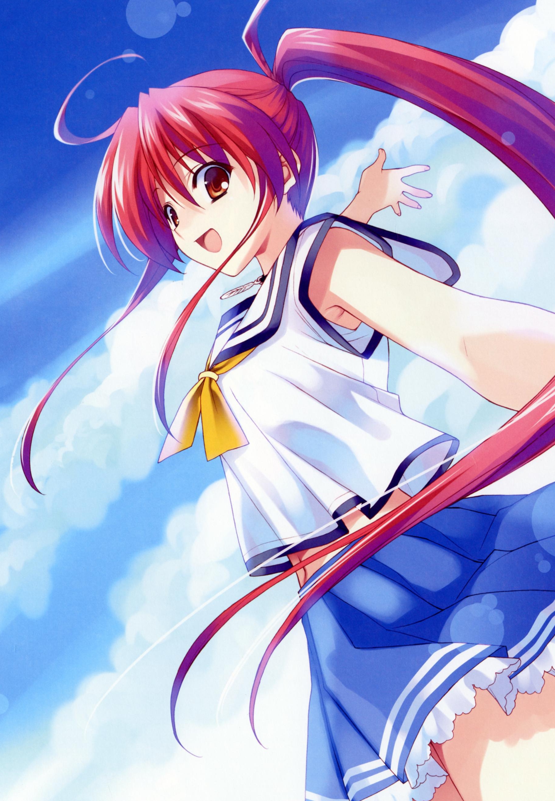 suzuhira hiro, miyamae tomoka, suiheisen made nan mile?, absurdres, highres, blouse, cloud, day, neckerchief, orange eyes, ponytail, red hair, school uniform, serafuku, shirt, solo, white shirt, yellow neckerchief