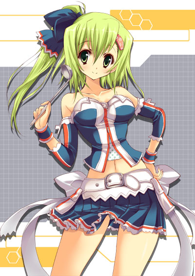 yukiwo, kitami erika, beatmania iidx, beatmania iidx 14 gold, bemani, 1girl, bare shoulders, belt, bow, female focus, green eyes, green hair, hair bow, hand on own hip, ladle, long hair, matching hair/eyes, miniskirt, navel, skirt, solo, wristband