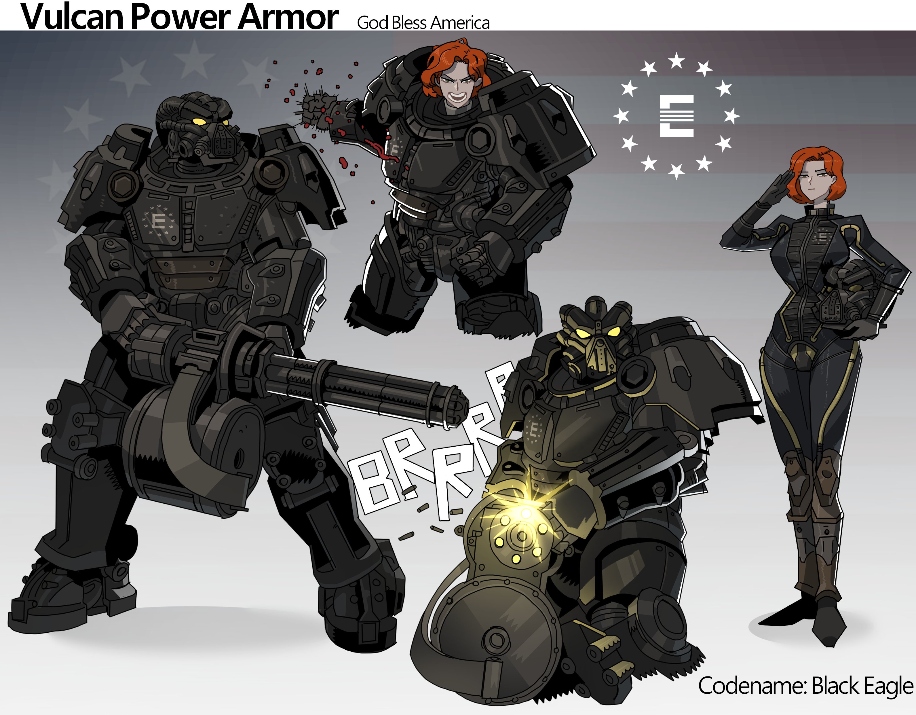 ho-uja, fallout, fallout 76, absurdres, highres, 1girl, american flag, armor, blood, enclave (fallout), english text, firing, gatling gun, helmet, holding, holding unworn helmet, jumpsuit, minigun, orange hair, power armor, salute, short hair, solo, sound effects, unworn headwear, unworn helmet