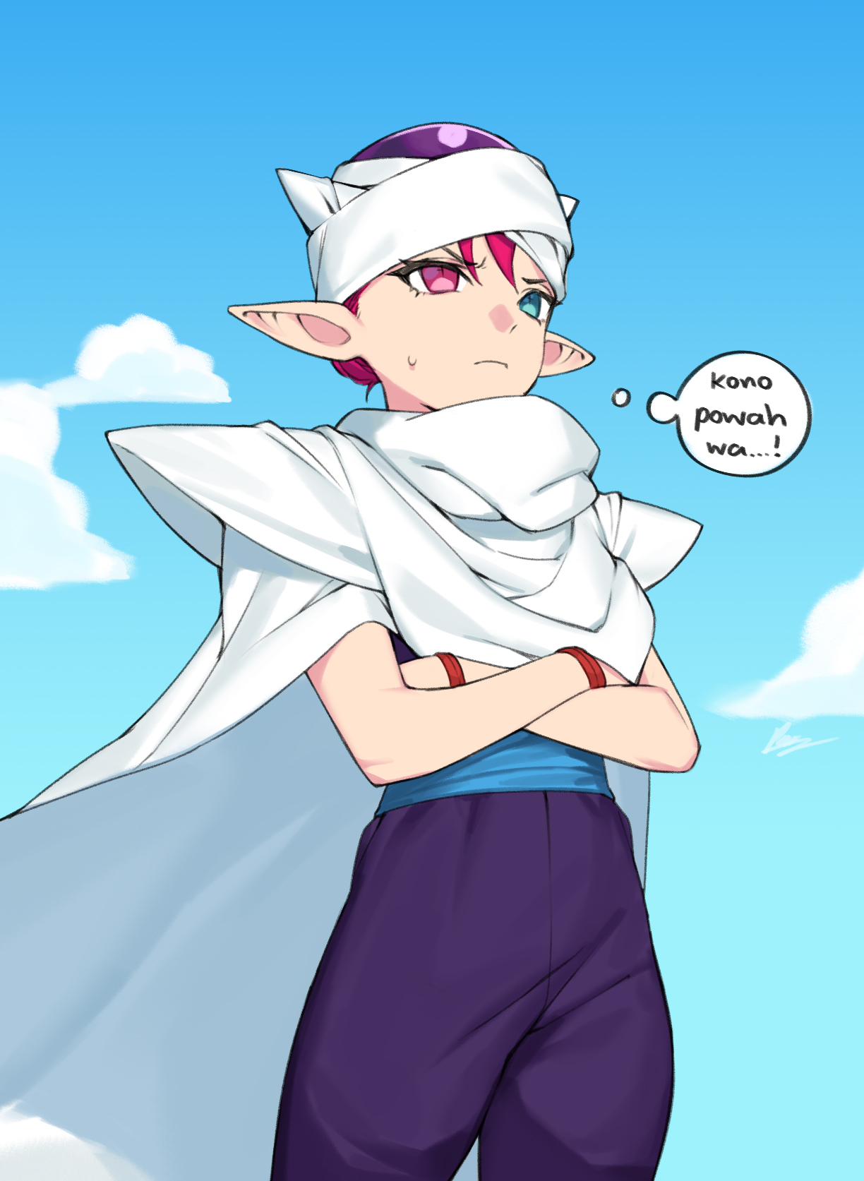 dasdokter, irys (hololive), piccolo, dragon ball, dragonball z, hololive, hololive english, highres, 1girl, cape, cloud, cosplay, crossed arms, pants, piccolo (cosplay), pointy ears, sash, sky, solo, turban, virtual youtuber
