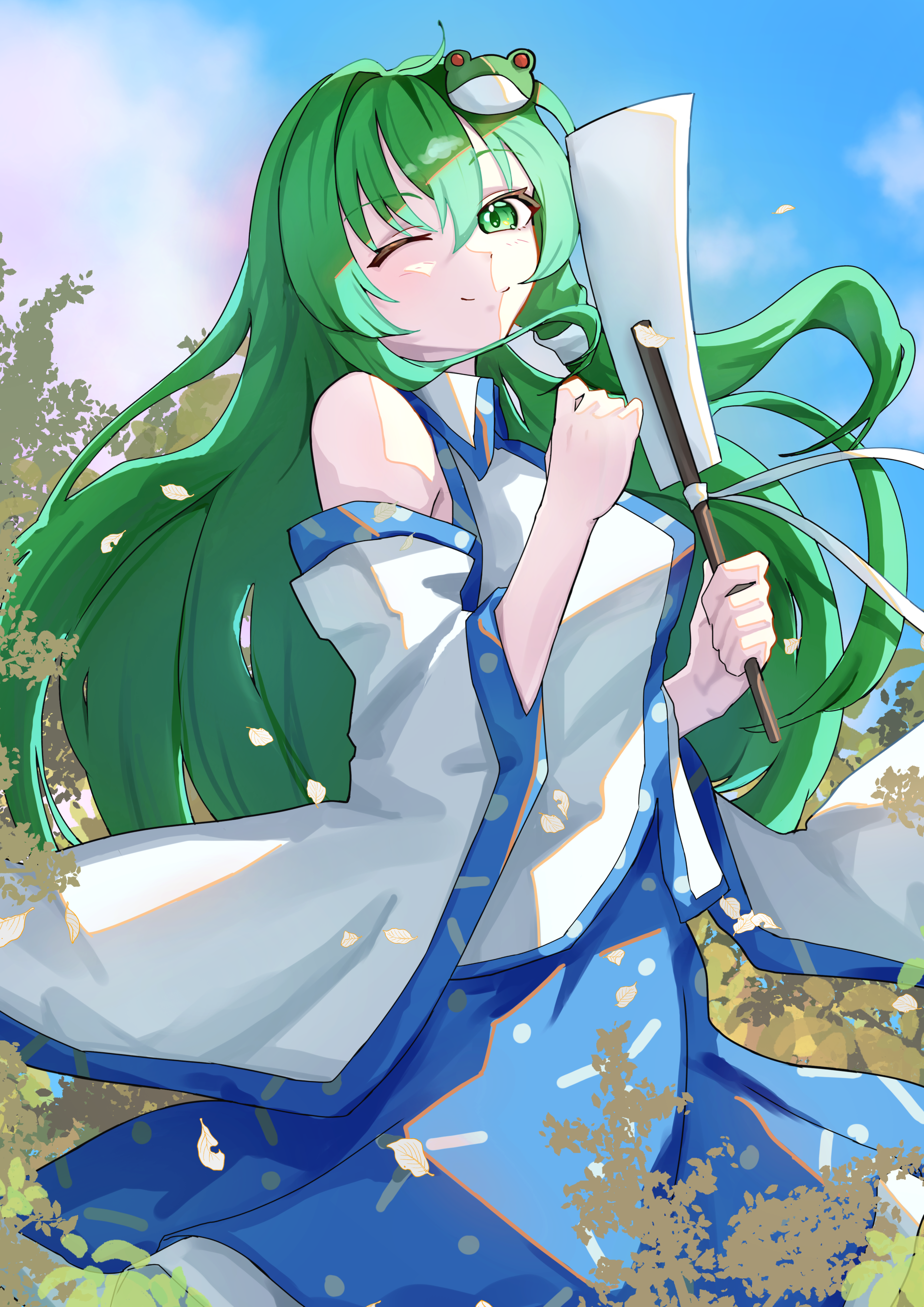 kochiya sanae, touhou, absurdres, commentary, highres, 1girl, bare shoulders, blue skirt, day, detached sleeves, frog hair ornament, from side, green eyes, green hair, hair ornament, long hair, looking at viewer, one eye closed, outdoors, shirt, skirt, sky, sleeveless, sleeveless shirt, solo, suzukiairi0001, white shirt