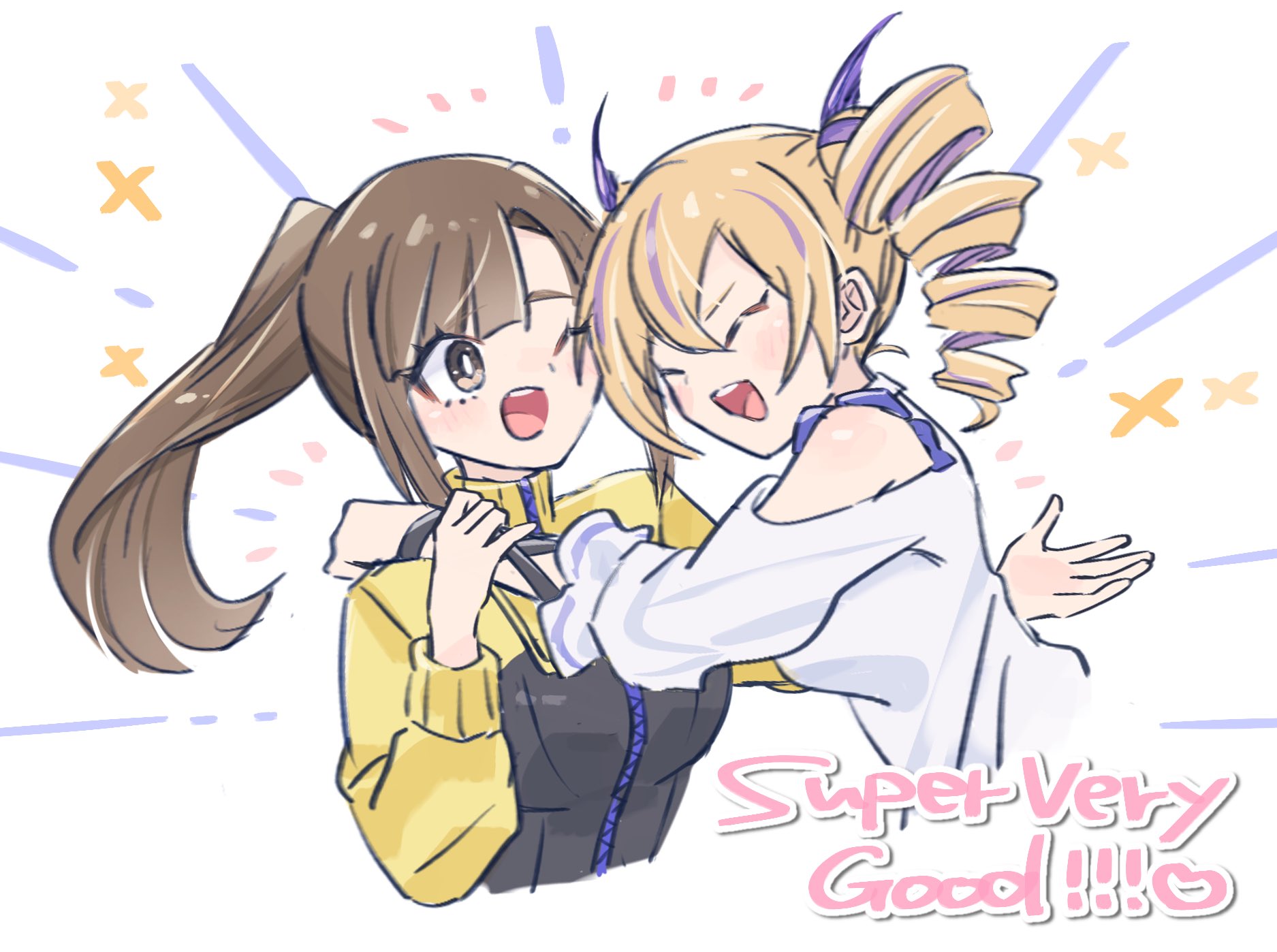 nagoshi, kinosaki arisa, violet inboots, digimon, digimon card game, digimon liberator, highres, 2girls, bare shoulders, black jacket, blonde hair, brown eyes, brown hair, closed eyes, clothing cutout, drill hair, high ponytail, hug, jacket, long hair, multicolored hair, multiple girls, one eye closed, ponytail, purple hair, shirt, shoulder cutout, simple background, streaked hair, twin drills, upper body, white background, white shirt, yellow jacket