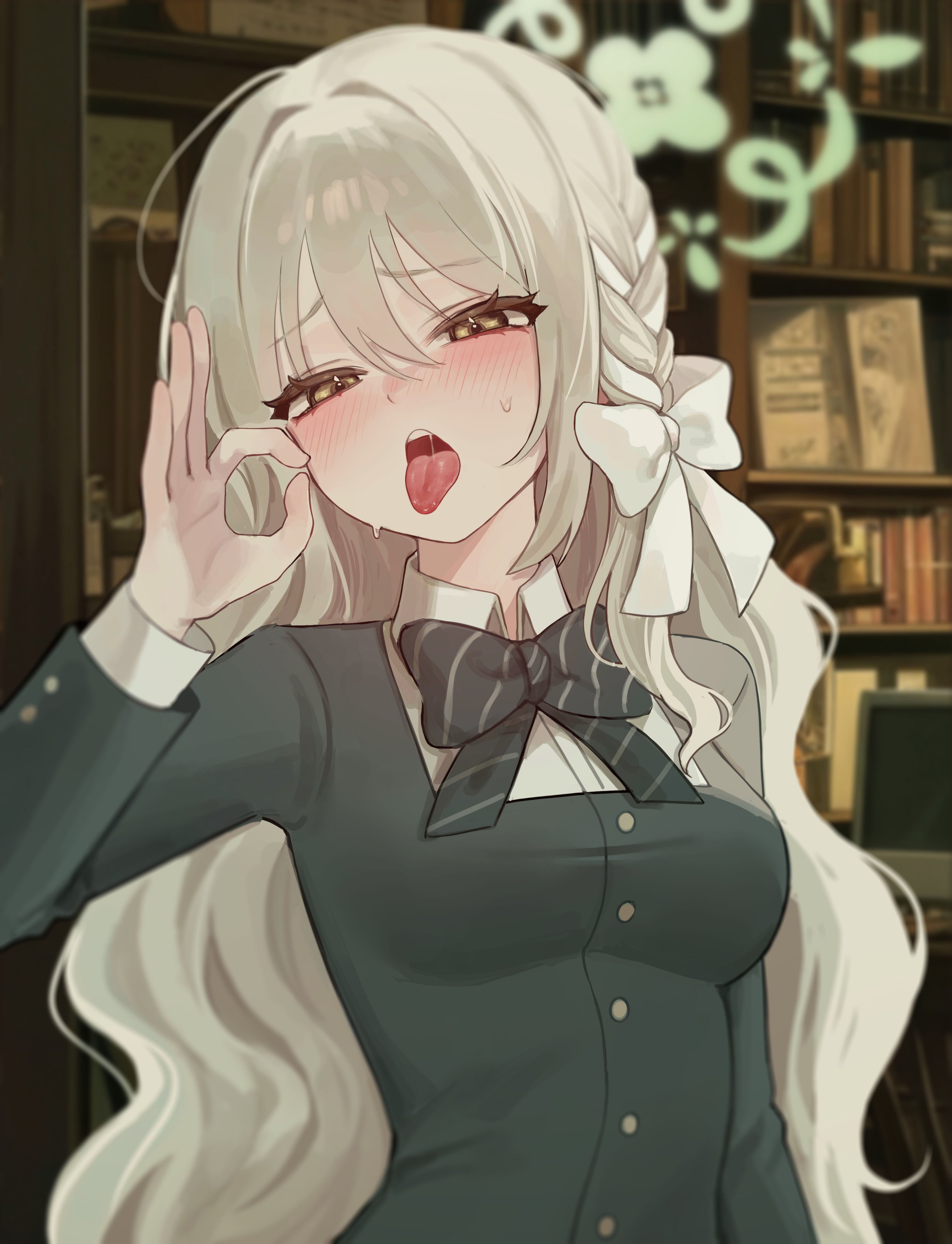 mh111026, miyo (blue archive), blue archive, absurdres, highres, 1girl, black bow, blush, book, bookshelf, bow, bowtie, braid, breasts, brown eyes, buttons, collared shirt, drooling, green halo, grey hair, hair ribbon, halo, hand up, jacket, long hair, long sleeves, looking at viewer, medium breasts, open mouth, oral invitation, parted bangs, ribbon, school uniform, shirt, sleeve cuffs, solo, solo focus, sweatdrop, teeth, tongue, tongue out, upper body, upper teeth only, white hair