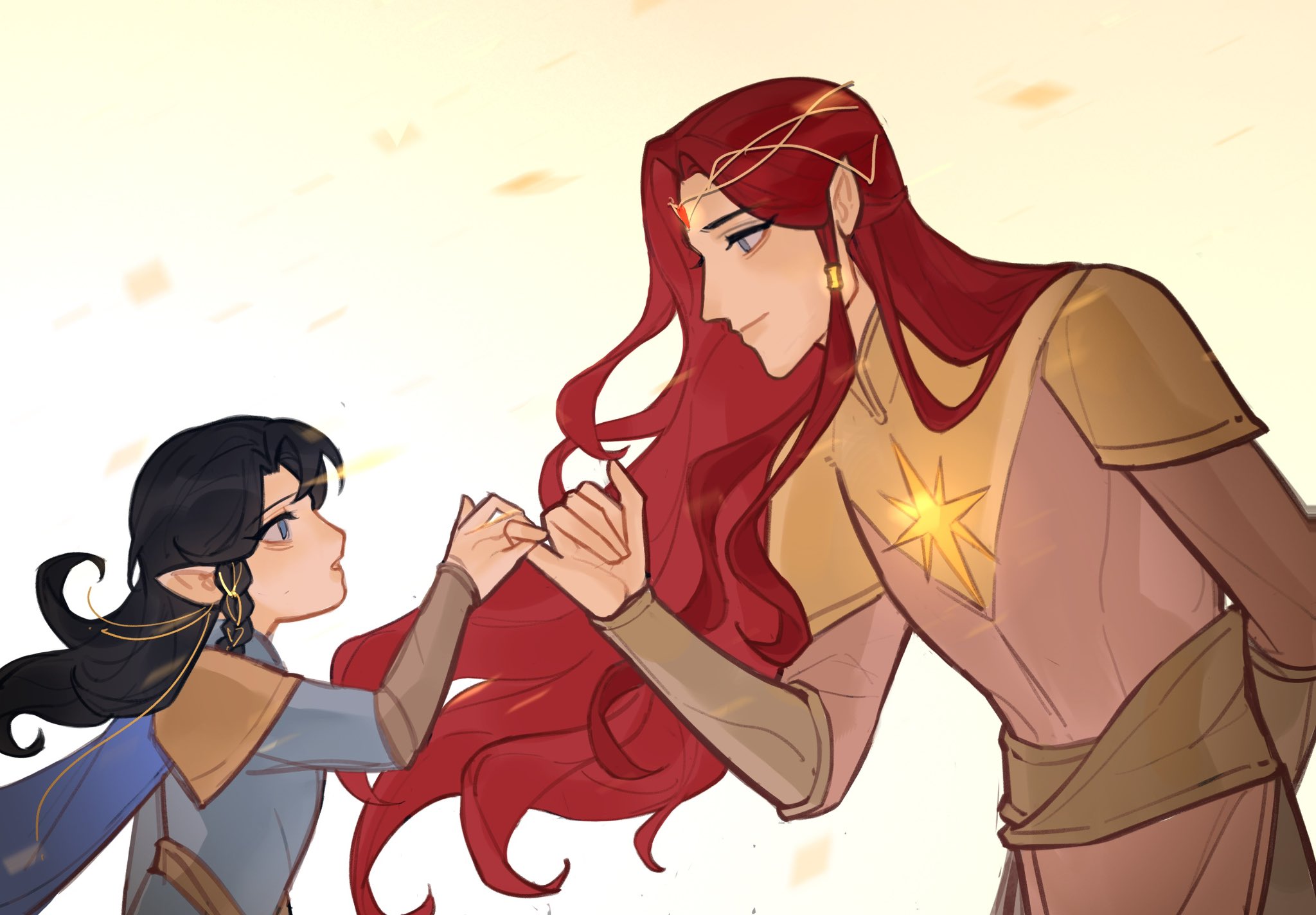 issa crimson, fingon, maedhros, the silmarillion, tolkien's legendarium, 2boys, age difference, black hair, blue eyes, braid, circlet, closed mouth, cousins, elf, floating hair, gem, height difference, jewelry, long hair, looking at another, male focus, multiple boys, parted bangs, pinky swear, pointy ears, profile, red hair, sidelocks, upper body