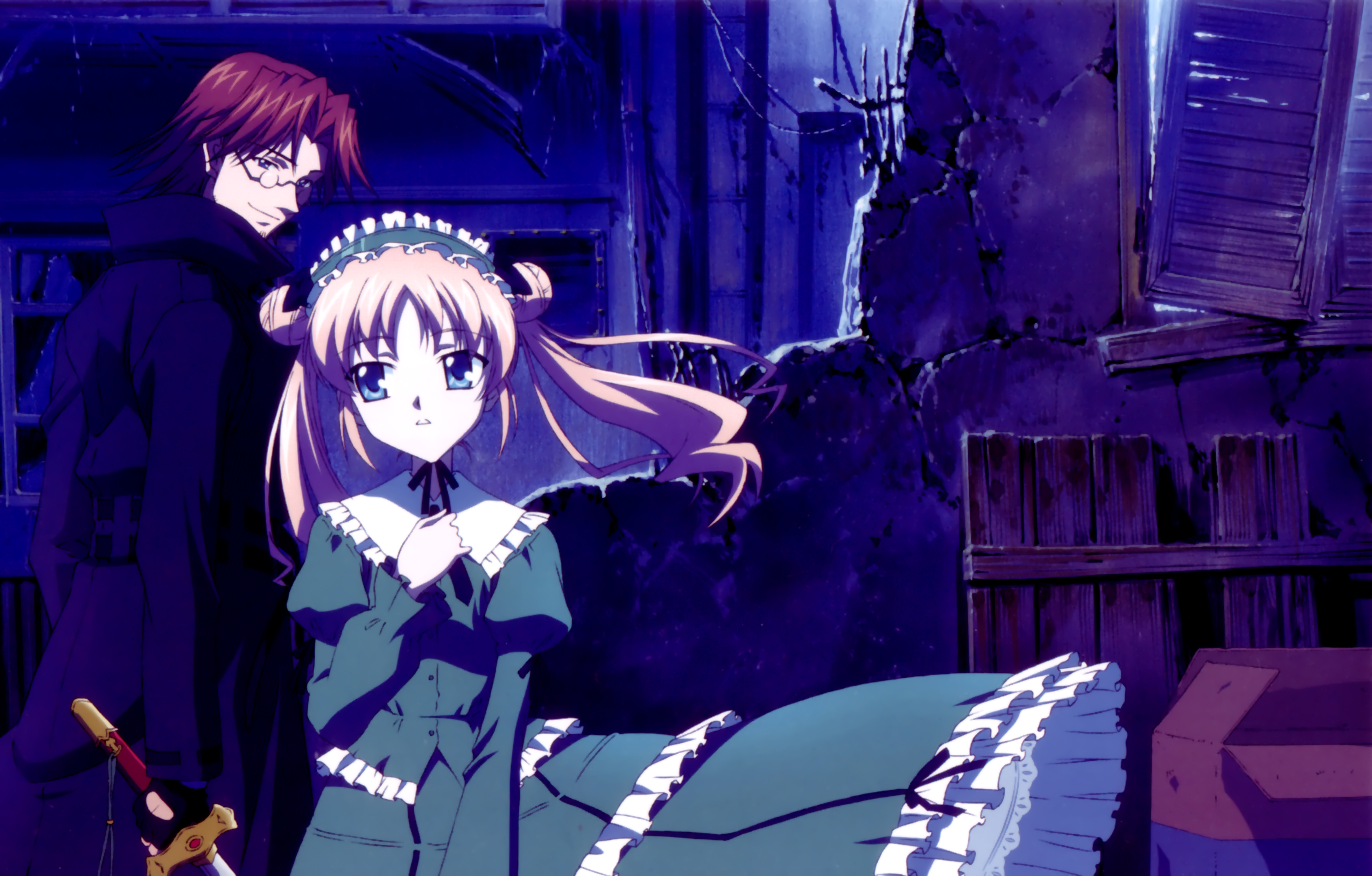 koga makoto, kamikawa mayuko, tsujidou takeshi, sola, absurdres, highres, non-web source, 00s, beard, blonde hair, blue eyes, bow, brown hair, coat, dress, facial hair, glasses, goatee, hairband, headband, night, ribbon, short hair, sword, twintails, weapon