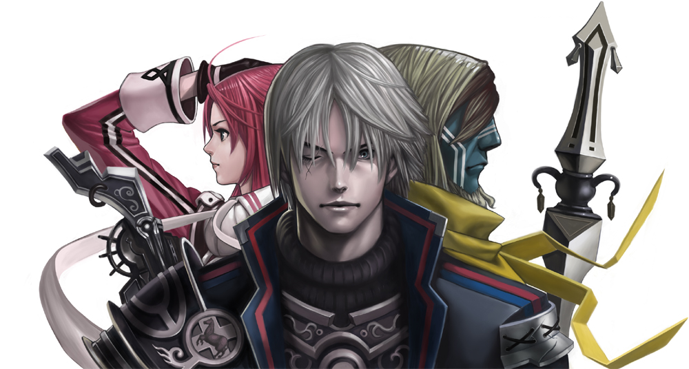 igarasiii, original, 1girl, 2boys, armor, multiple boys, portrait, red hair, short hair, sword, weapon