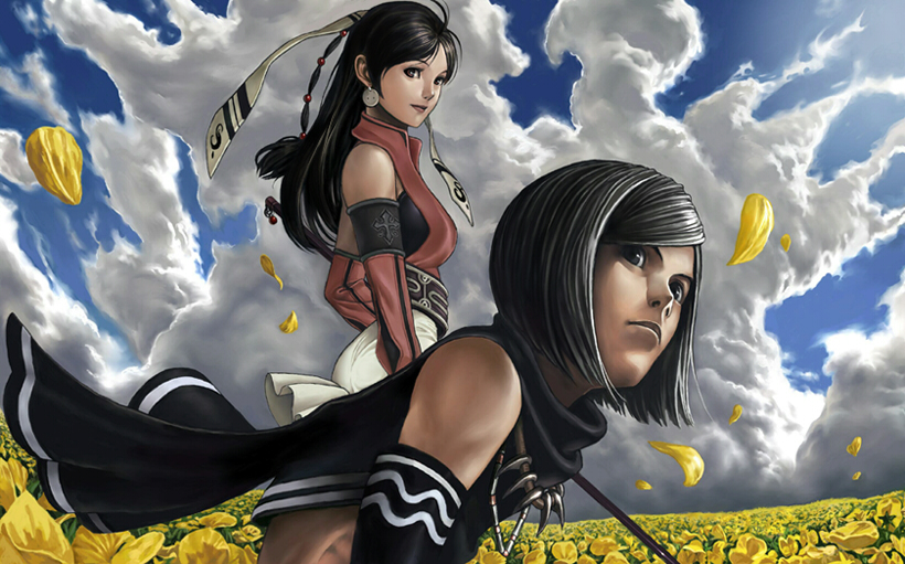igarasiii, original, 2girls, armlet, bare shoulders, belt, black hair, cloud, cloudy sky, day, field, flower, flower field, jewelry, light smile, lips, long hair, looking at viewer, multiple girls, necklace, petals, short hair, sky, spikes, standing, tassel, upper body