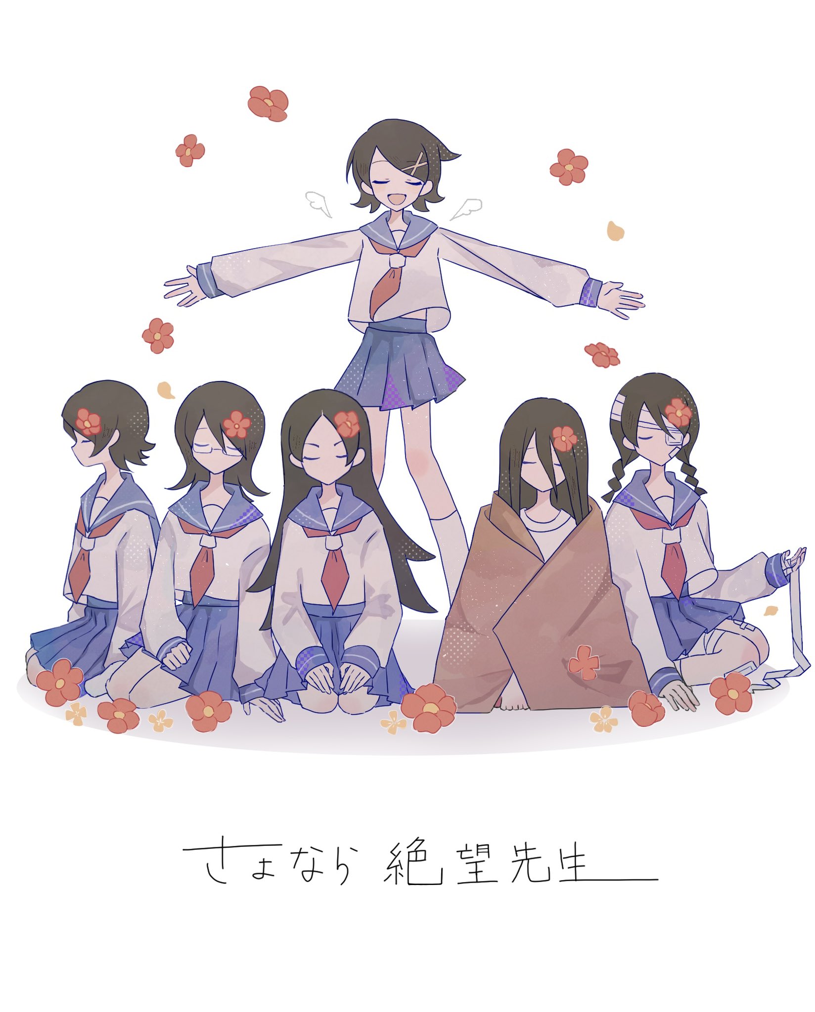 nem ina, fujiyoshi harumi, fuura kafuka, hitou nami, kitsu chiri, kobushi abiru, komori kiri, sayonara zetsubou sensei, highres, 6+girls, blue skirt, flower, hair flower, hair ornament, jacket, multiple girls, red flower, school uniform, sitting, skirt, white background, white jacket