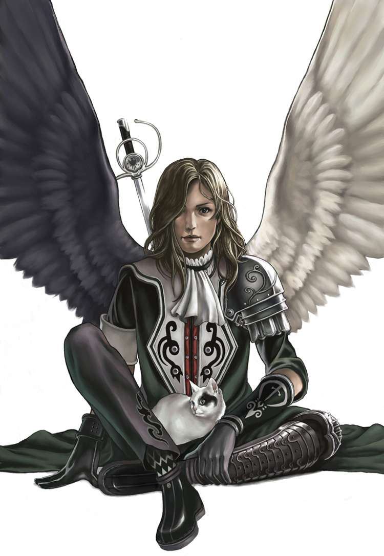 igarasiii, original, gender request, androgynous, angel, armor, long hair, solo, sword, weapon, wings