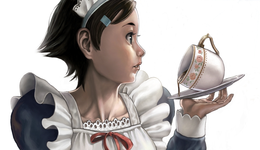 igarasiii, original, looking away, 1girl, apron, black hair, blue eyes, collarbone, cup, drink, female focus, frills, hair ornament, hairclip, holding, lace-trimmed apron, lace trim, long sleeves, looking to the side, maid, maid apron, maid headdress, parted lips, plate, profile, red ribbon, ribbon, saucer, short hair, simple background, solo, upper body, white apron, white background