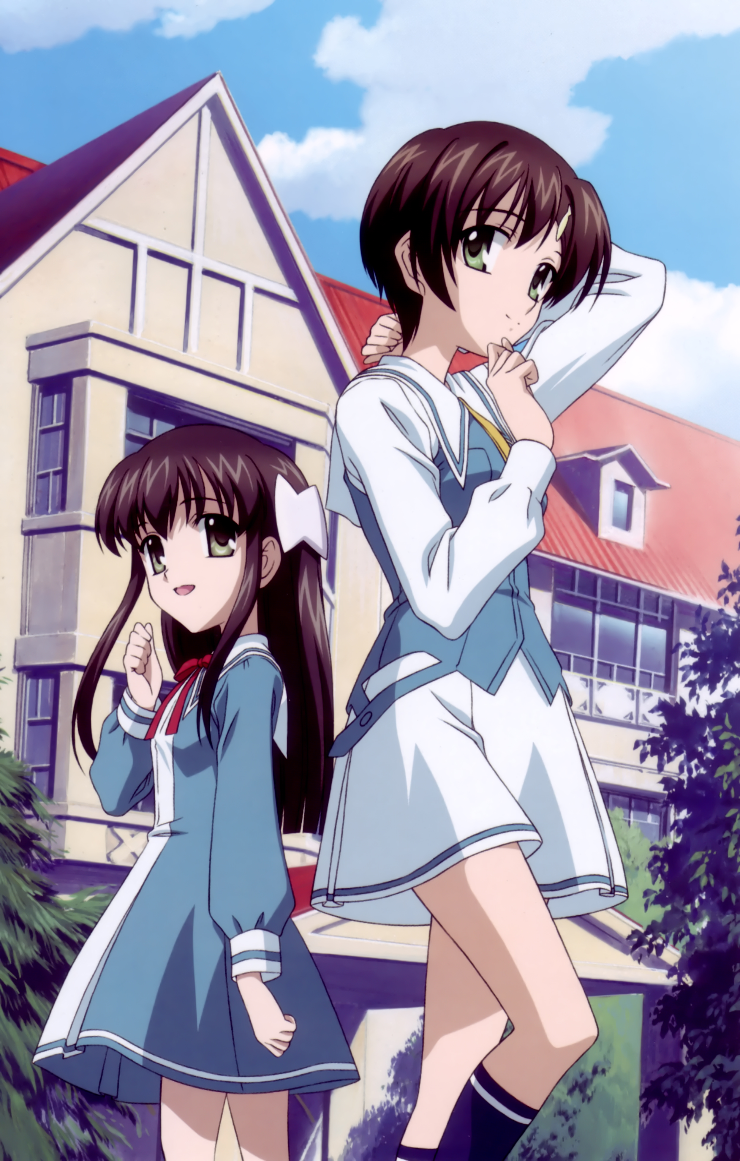 koga makoto, ishizuki koyori, ishizuki mana, sola, blue legwear, absurdres, highres, non-web source, 00s, 2girls, brown hair, fish hair ornament, green eyes, hair ornament, kneehighs, long hair, multiple girls, school uniform, serafuku, short hair, siblings, sisters, socks