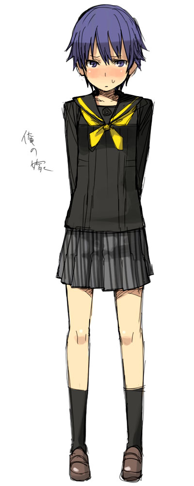 yu 65026, shirogane naoto, atlus, persona, persona 4, blue eyes, blue hair, blush, school uniform, serafuku, short hair, socks, solo