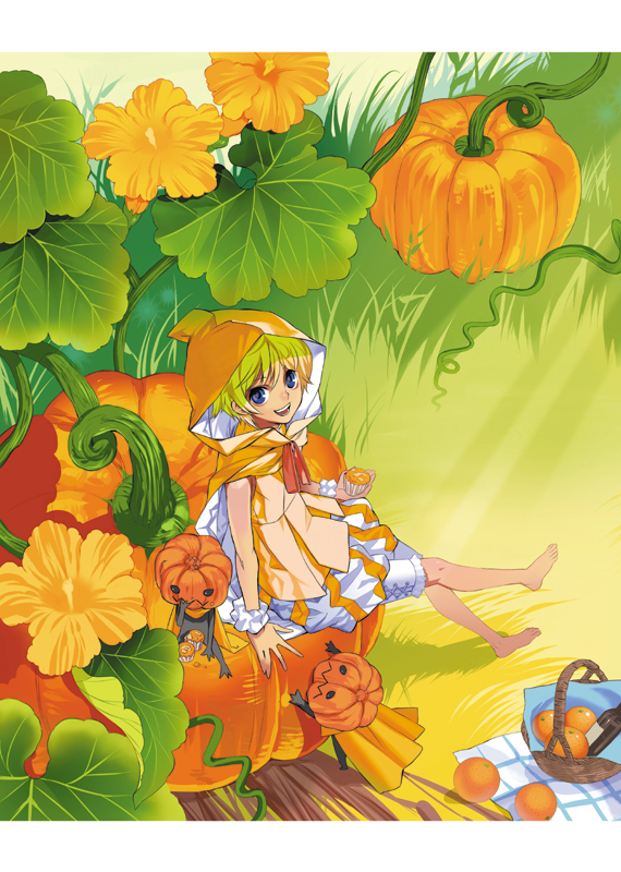 lololo, original, bad id, bad pixiv id, barefoot, blonde hair, blue eyes, cupcake, food, fruit, hood, orange (fruit), pumpkin, solo