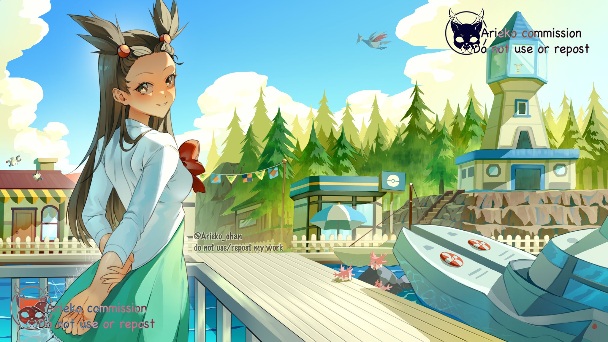 ariekochan, ampharos, corsola, jasmine (pokemon), magnemite, skarmory, nintendo, pokemon, pokemon hgss, highres, 1girl, arms behind back, bird, blue sky, blush, boat, bow, brown eyes, brown hair, building, cloud, day, dock, dress, flying, forest, gen 1 pokemon, gen 2 pokemon, green dress, hair bobbles, hair ornament, jacket, lighthouse, long hair, looking at viewer, looking back, magnet, nature, orange bow, outdoors, parted lips, poke mart, pokemon (creature), rock, sky, smile, tree, two side up, water, watercraft, white jacket, window, wings