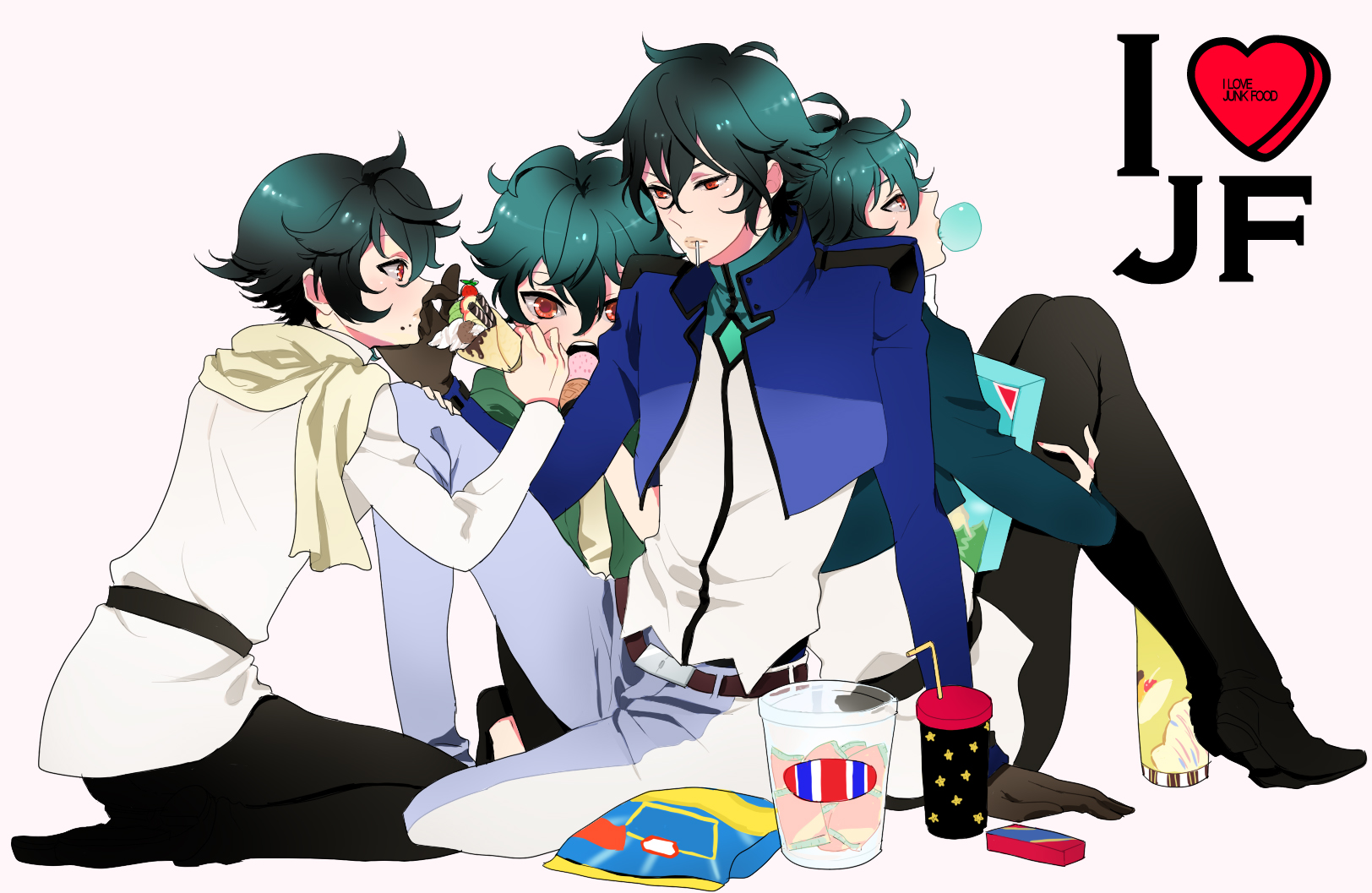 belluch, konnyakuyukko, setsuna f. seiei, gundam, gundam 00, bad id, bad pixiv id, highres, 00s, 3boys, belt, black hair, food, jacket, male focus, multiple boys, multiple persona, red eyes, scarf, short hair