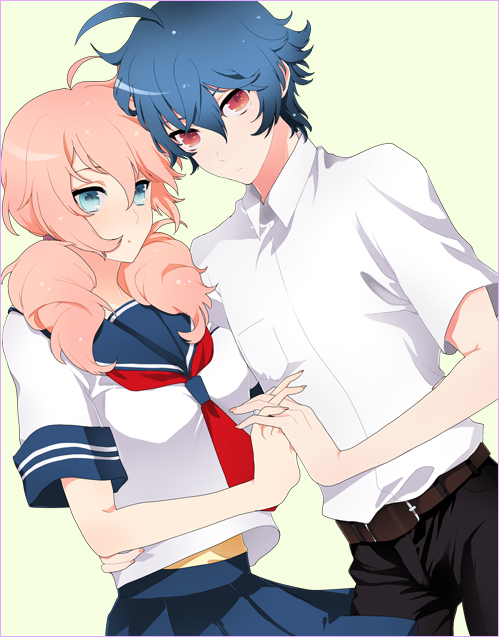 belluch, konnyakuyukko, feldt grace, setsuna f. seiei, gundam, gundam 00, 00s, 1boy, 1girl, ahoge, belt, blue eyes, blue hair, couple, hetero, holding hands, pink hair, red eyes, school uniform, serafuku, simple background