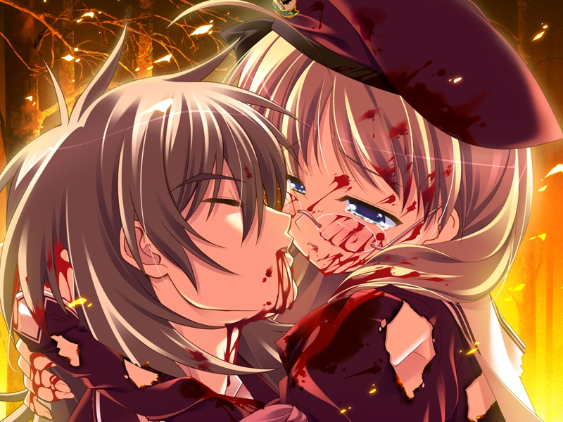 hirohara yukiko, tajima takahisa, 11eyes, 00s, 1boy, 1girl, ahoge, blood, glasses, hat, school uniform, serafuku, tears, torn clothes