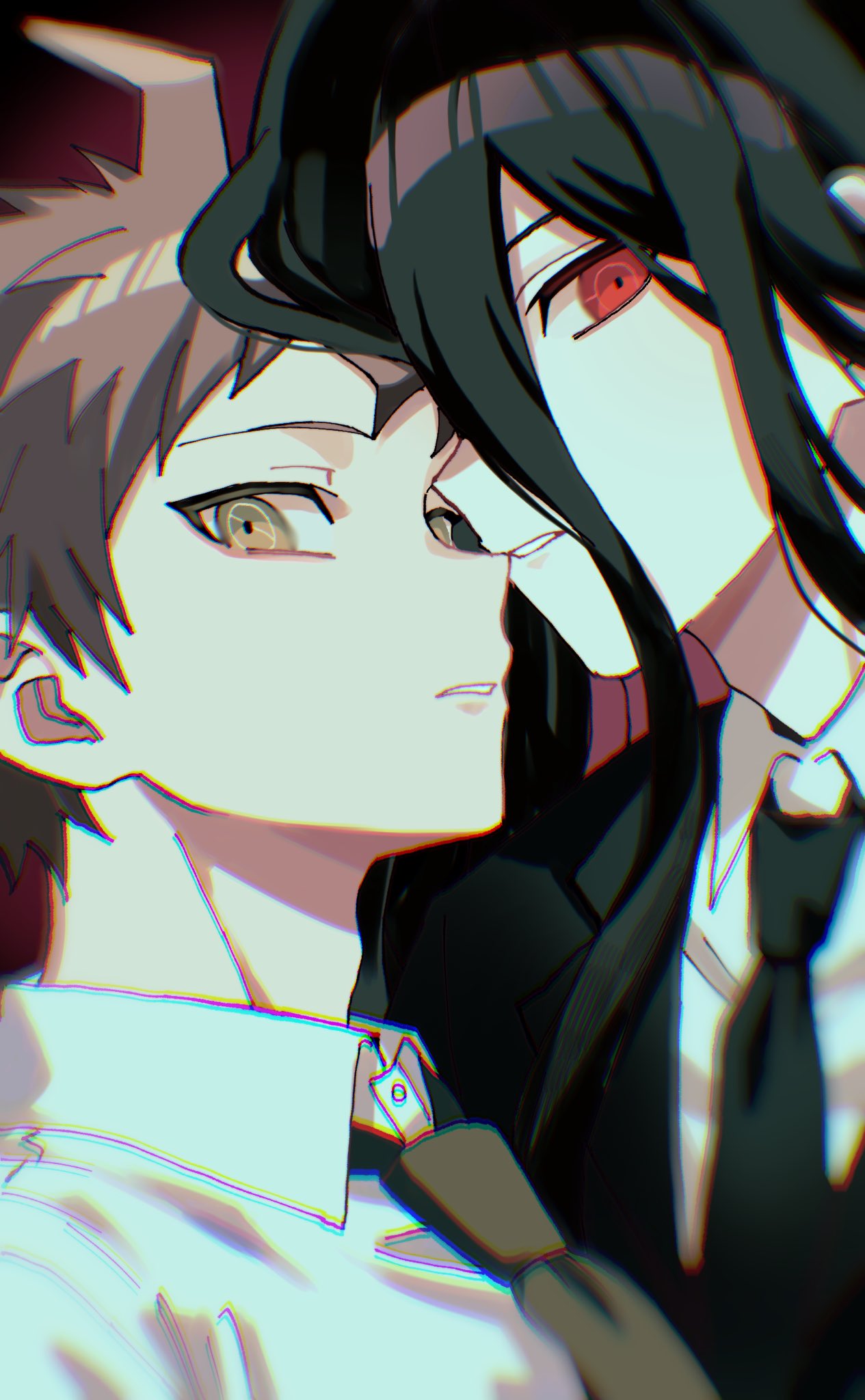 hakumai (mgmg okomee), hinata hajime, kamukura izuru, danganronpa (series), danganronpa 2: goodbye despair, commentary request, highres, 2boys, adam's apple, ahoge, black hair, black jacket, black necktie, brown hair, brown necktie, collared shirt, green eyes, jacket, long hair, looking at viewer, looking to the side, male focus, multiple boys, necktie, open clothes, open jacket, parted lips, profile, red eyes, ringed eyes, shirt, short hair, sideways glance, smile, suit jacket, upper body, white shirt, wing collar