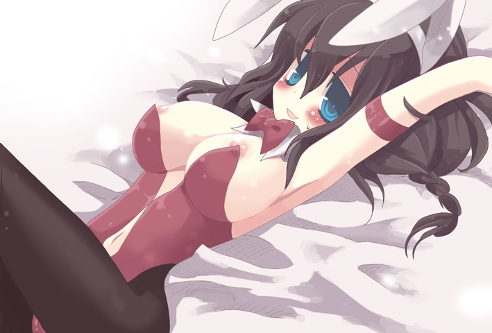 yuzuki gao, copyright request, 1girl, animal ears, armpits, bed, black hair, blush, breasts, fake animal ears, female focus, large breasts, lying, nipples, pantyhose, playboy bunny, rabbit ears, ribbon, solo