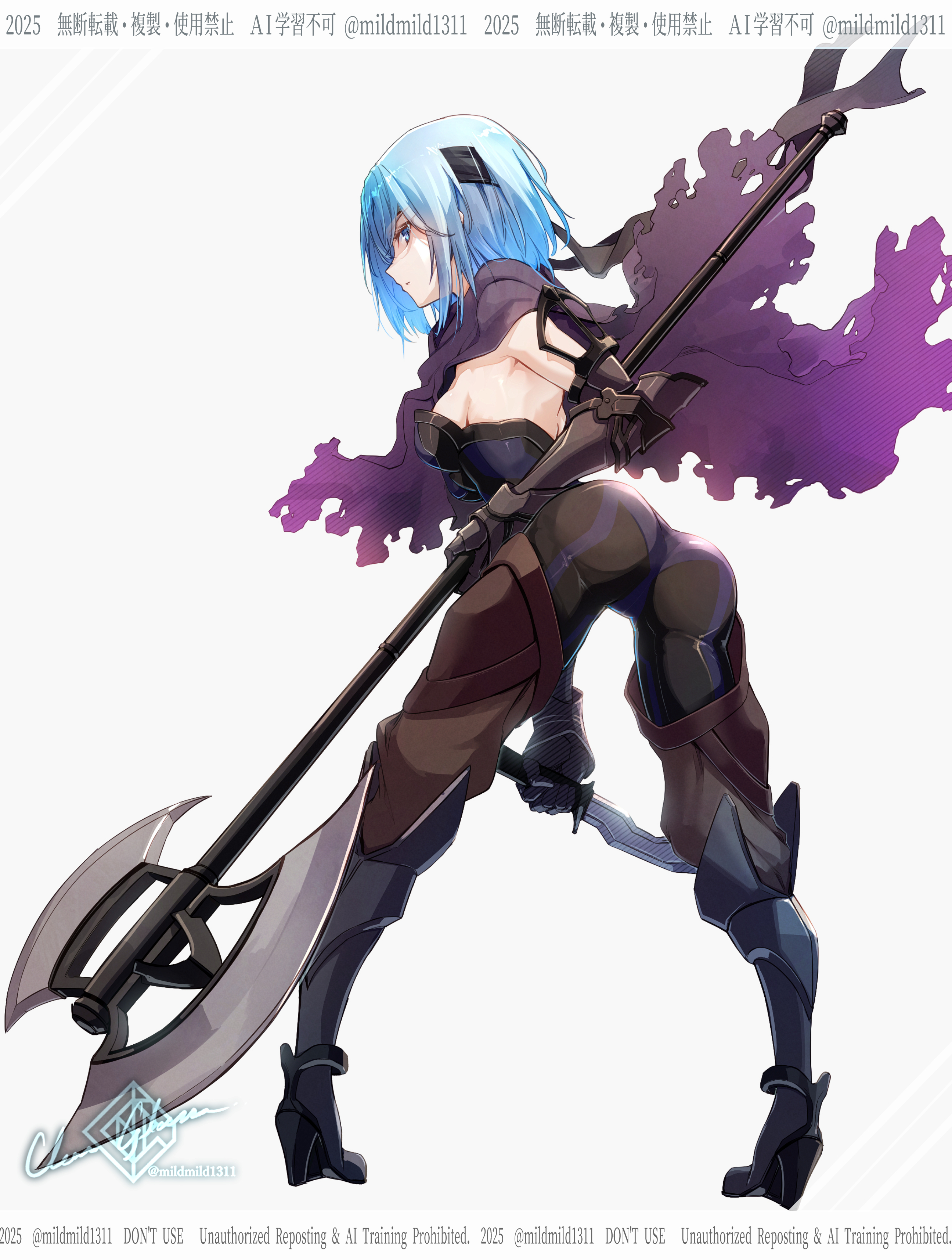 clear glass (mildmild1311), beruka (fire emblem), fire emblem, fire emblem fates, nintendo, absurdres, highres, 1girl, armor, ass, axe, battle axe, black armor, black boots, black headband, blue eyes, blue hair, boots, breasts, capelet, closed mouth, from behind, gloves, hair between eyes, hair over one eye, headband, holding, holding axe, holding knife, knife, looking at viewer, looking back, pants, purple capelet, short hair, sideboob, simple background, solo, torn capelet, torn clothes, weapon, white background