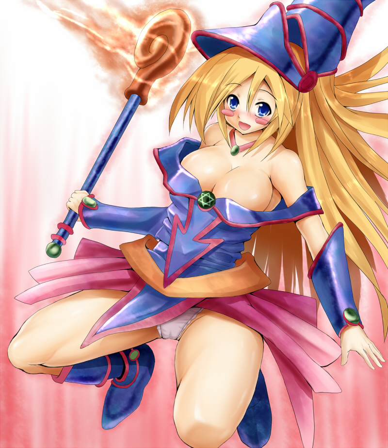 blastbeat, dark magician girl, yu-gi-oh!, yu-gi-oh! duel monsters, bad id, bad pixiv id, 1girl, blonde hair, blue boots, blue eyes, blush stickers, boots, breasts, cleavage, duel monster, hat, large breasts, long hair, open mouth, panties, pentacle, pink background, underwear, wand, white panties