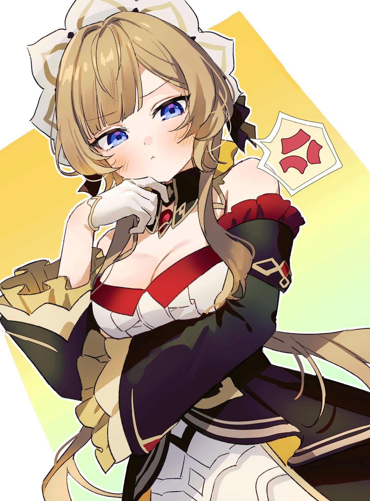 tnri 0404, sandrone (genshin impact), genshin impact, commentary request, highres, 1girl, anger vein, arm under breasts, bare shoulders, black dress, black sleeves, blue eyes, blush, breasts, brown hair, cleavage, closed mouth, detached sleeves, dress, gloves, hand up, long hair, long sleeves, looking at viewer, medium breasts, sleeveless, sleeveless dress, solo, very long hair, white gloves