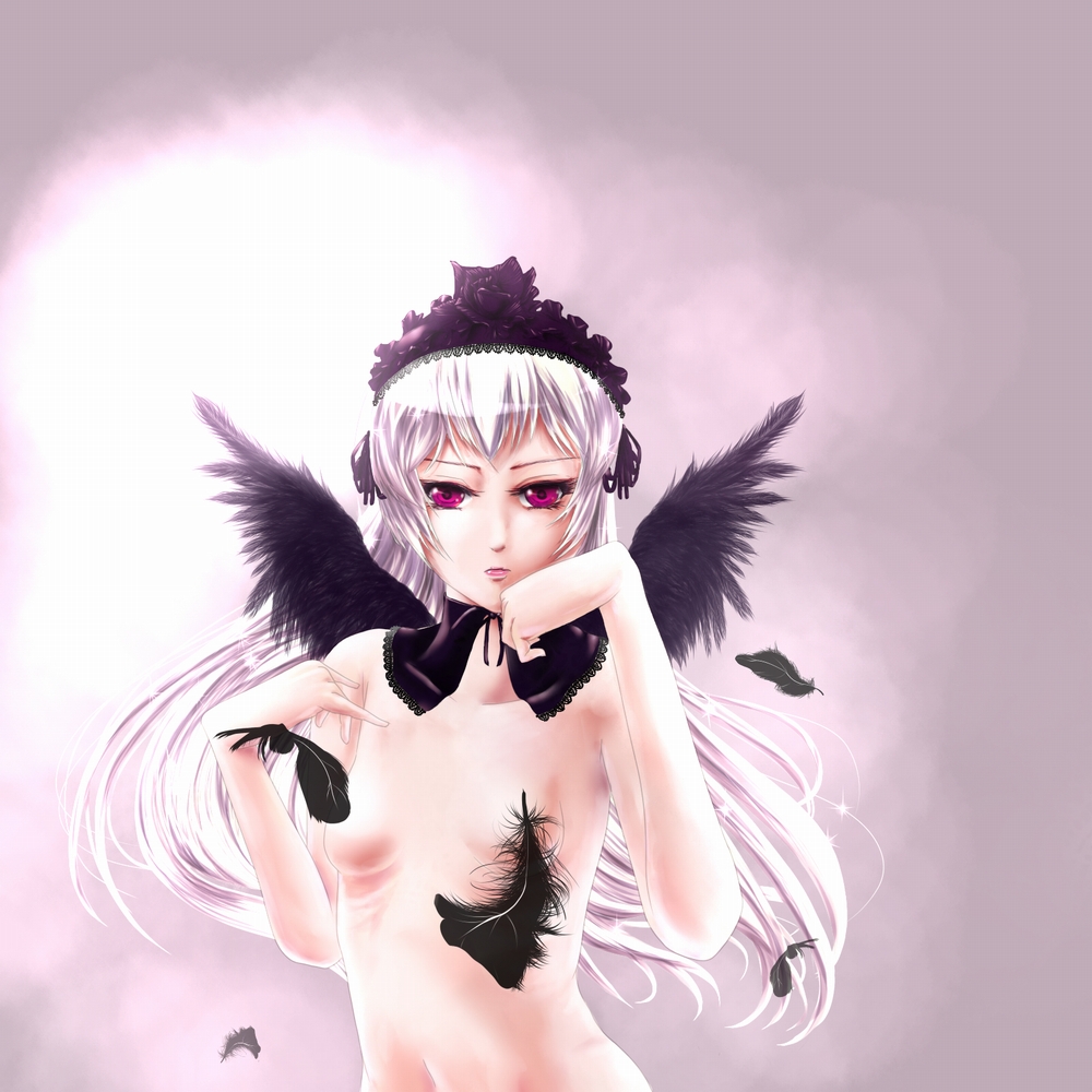 hyotenka ichido, suigintou, rozen maiden, silver hair, bad id, bad pixiv id, 00s, 1girl, breasts, feathers, female focus, hairband, long hair, navel, nude, purple eyes, small breasts, solo, wings